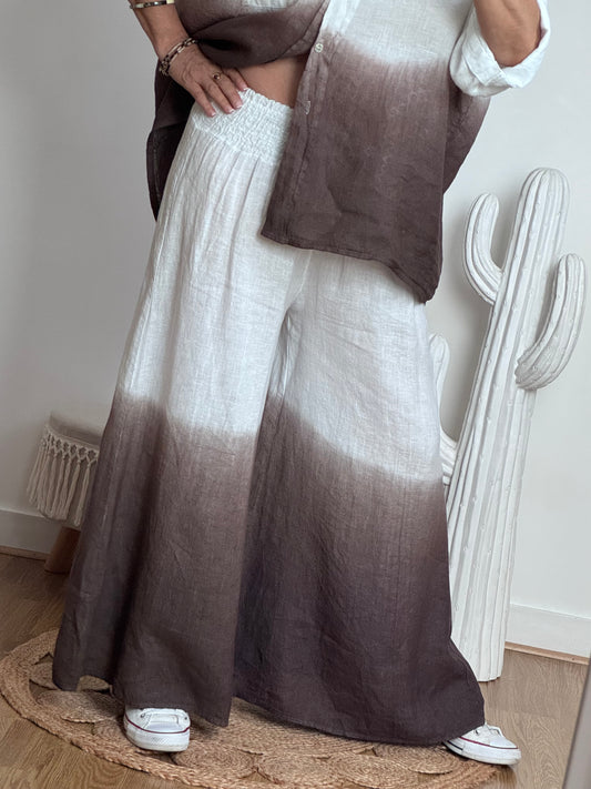 Pantalon palazzo Lin blanc et marron