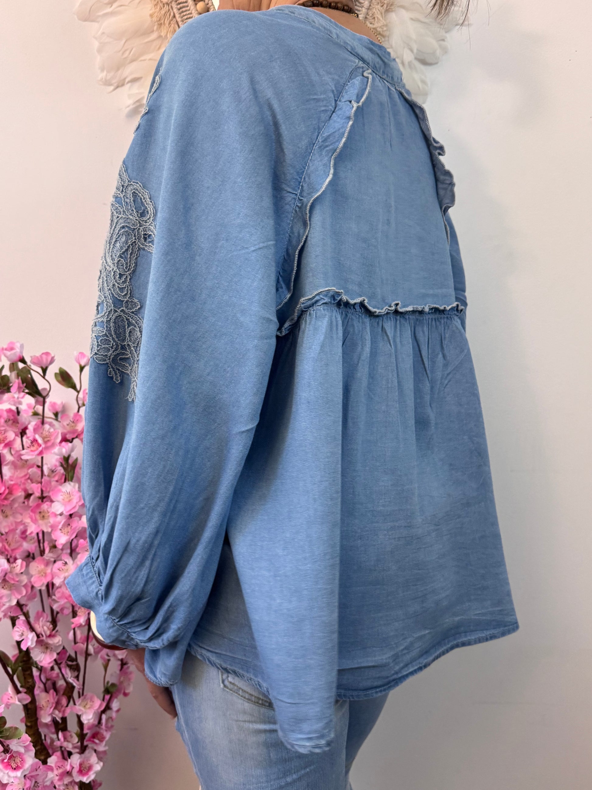 Blouse bohème bleu tencel  TU 44/50