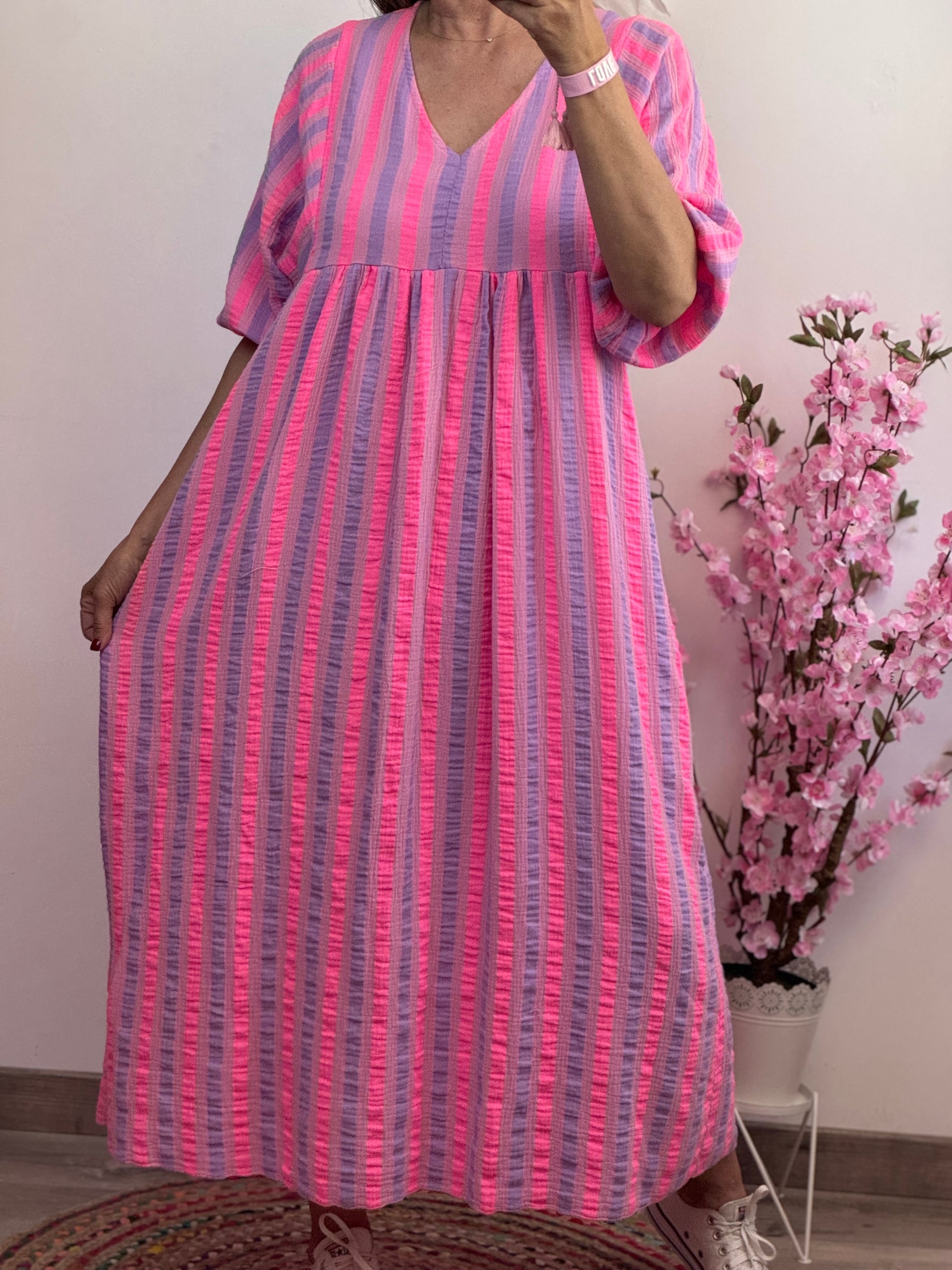 Robe bohème gaz de coton rayures Lila et rose TU 36/48