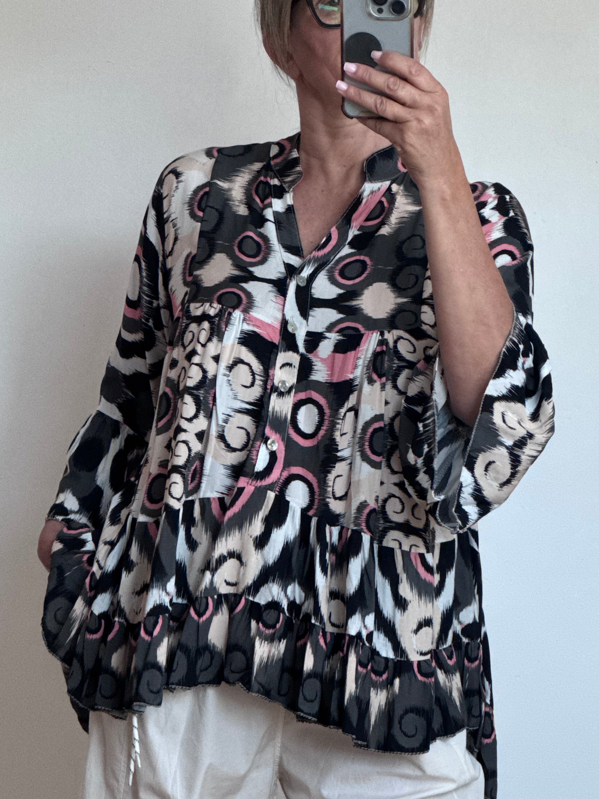 Blouse camélia noire et rose