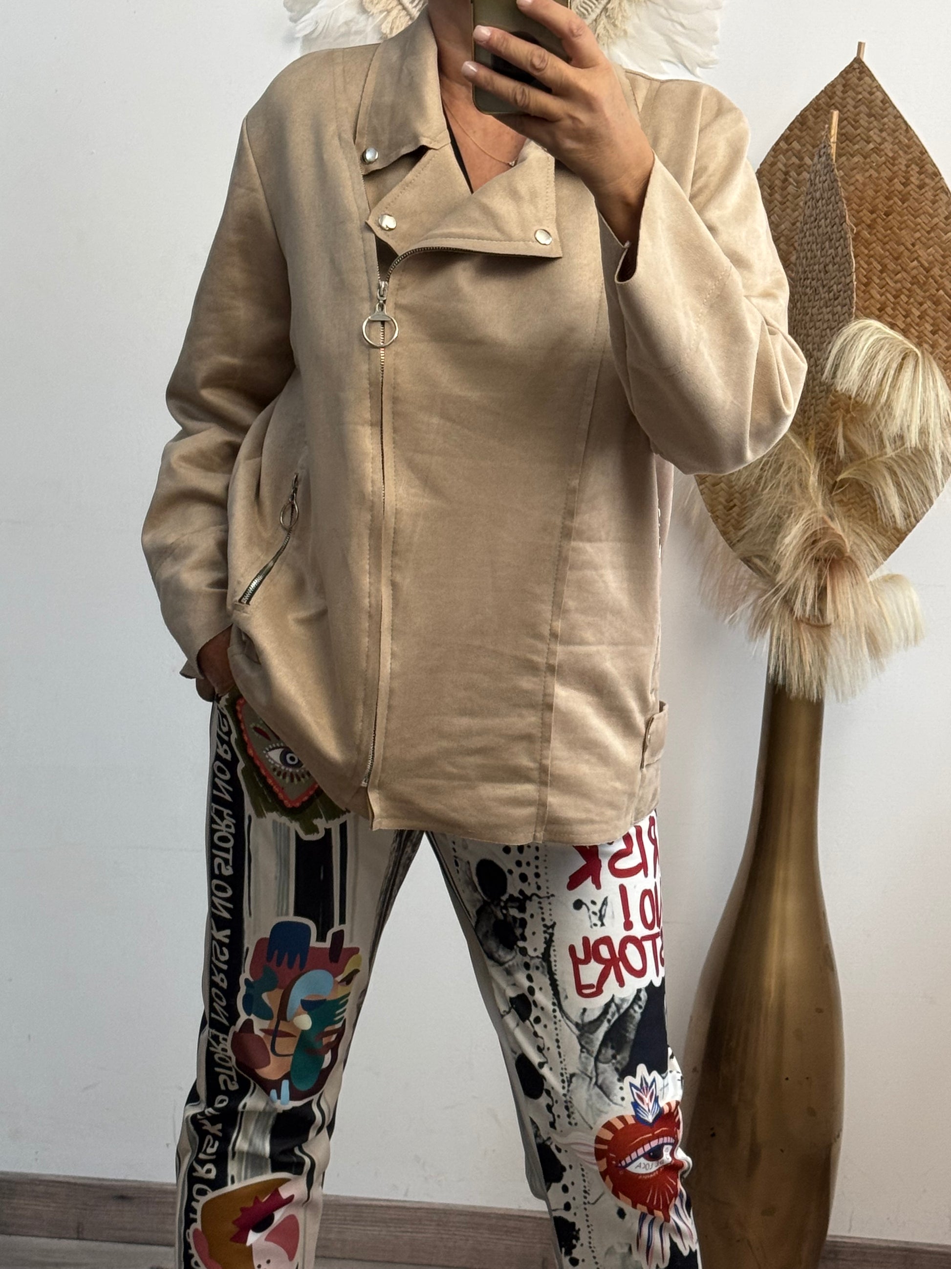 Blouson perfecto suédine beige TU 46/52