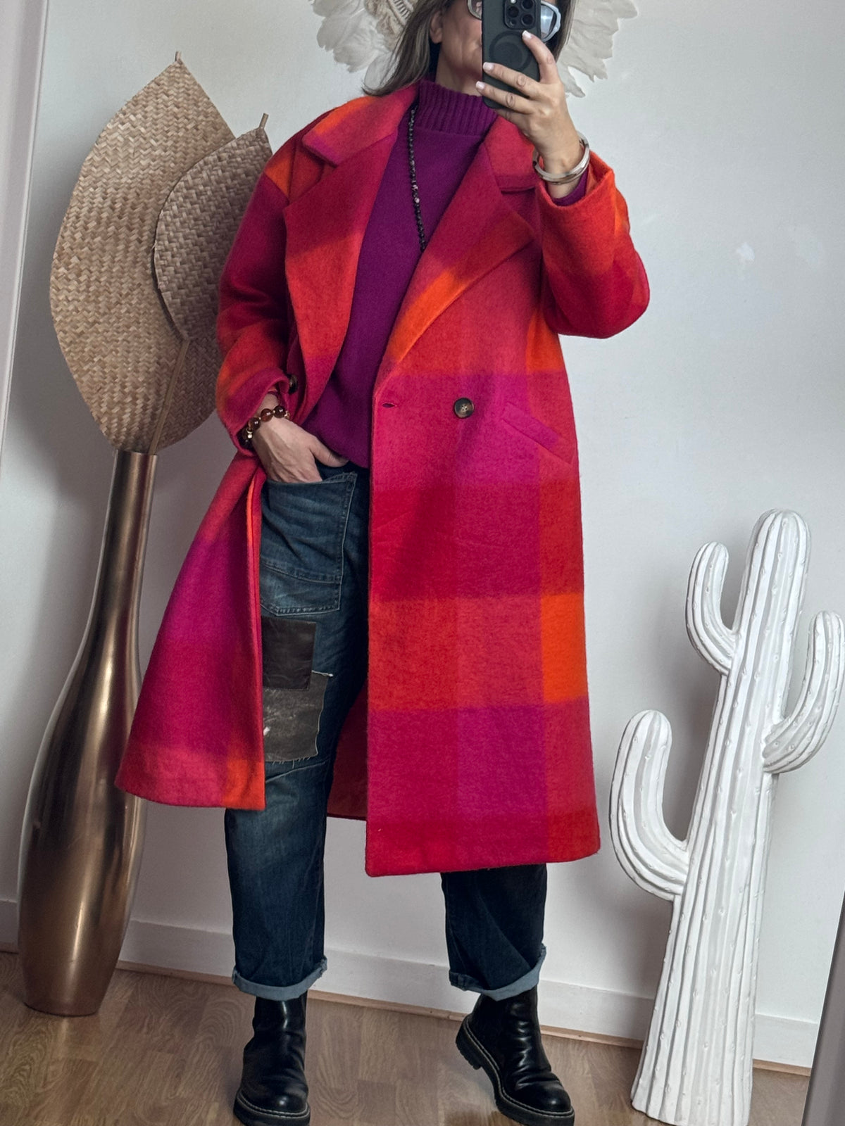 Manteau carreaux fuchsia