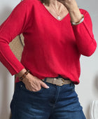 Pull col V violine, marron, terracotta et rouge
