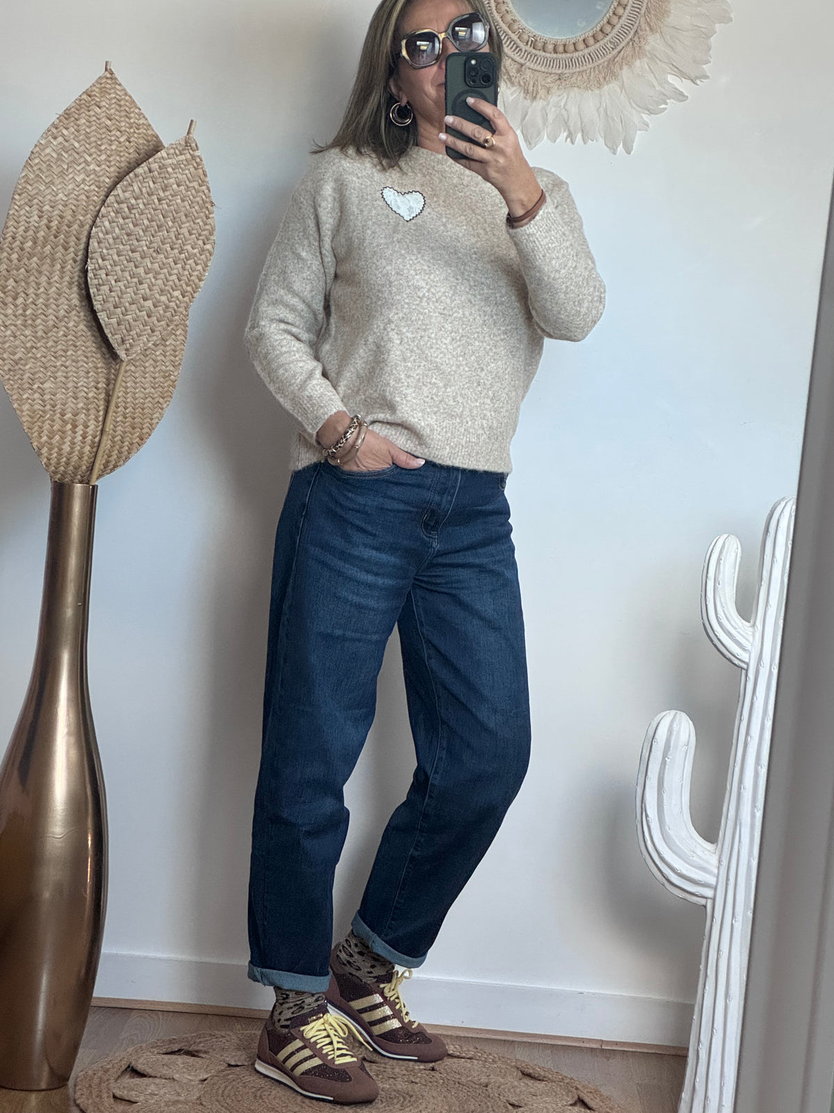 Pull coeur beige chiné