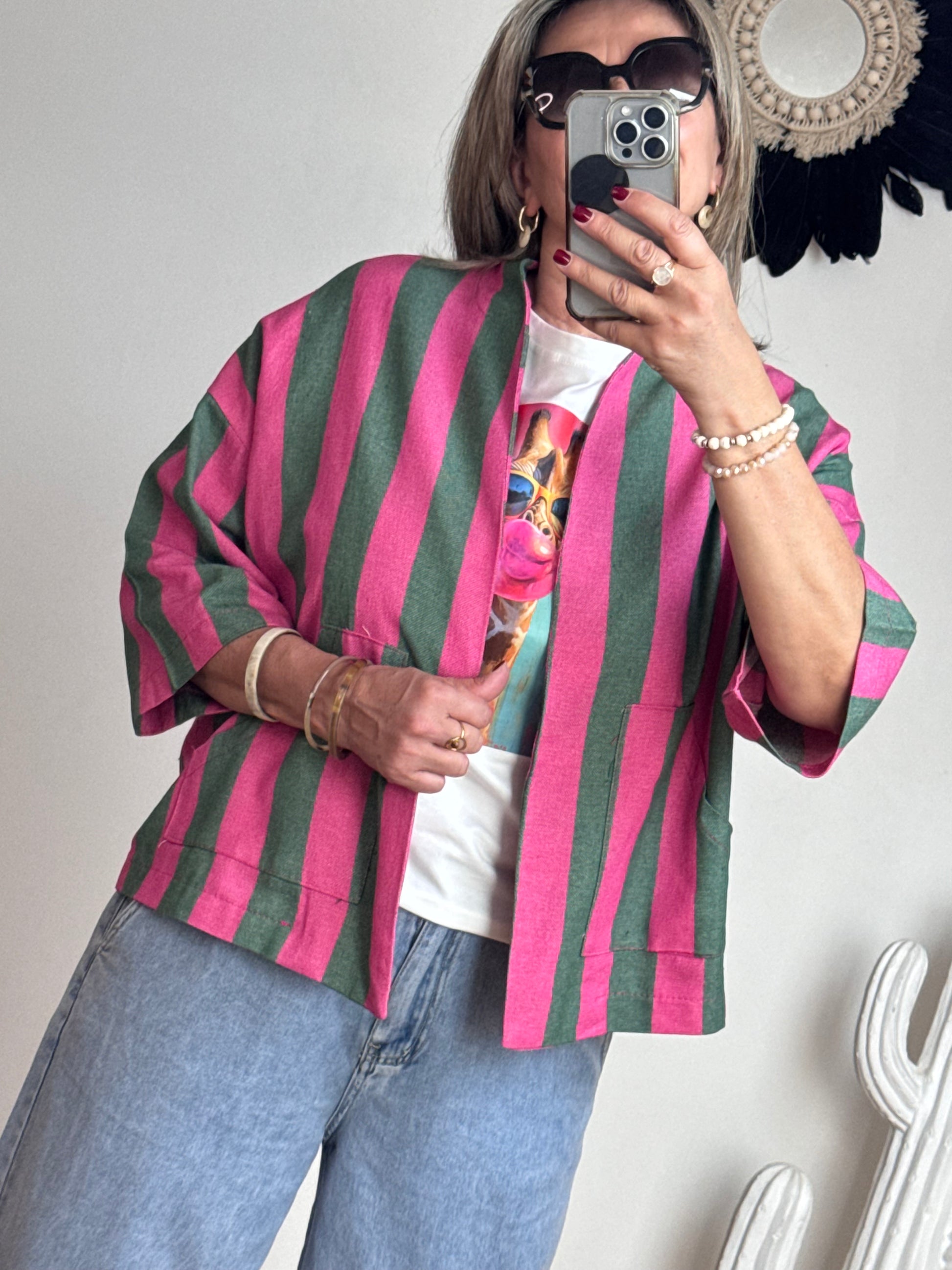 Veste kimono kaki et rose