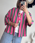 Veste kimono kaki et rose