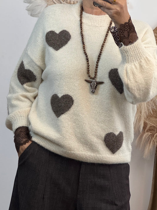 Pull crème cœurs marron