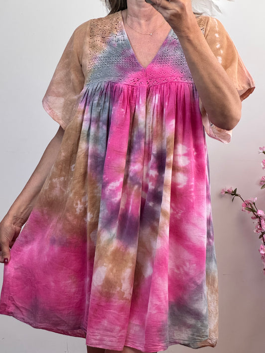 Robe voile de coton tie and dye rose et beige