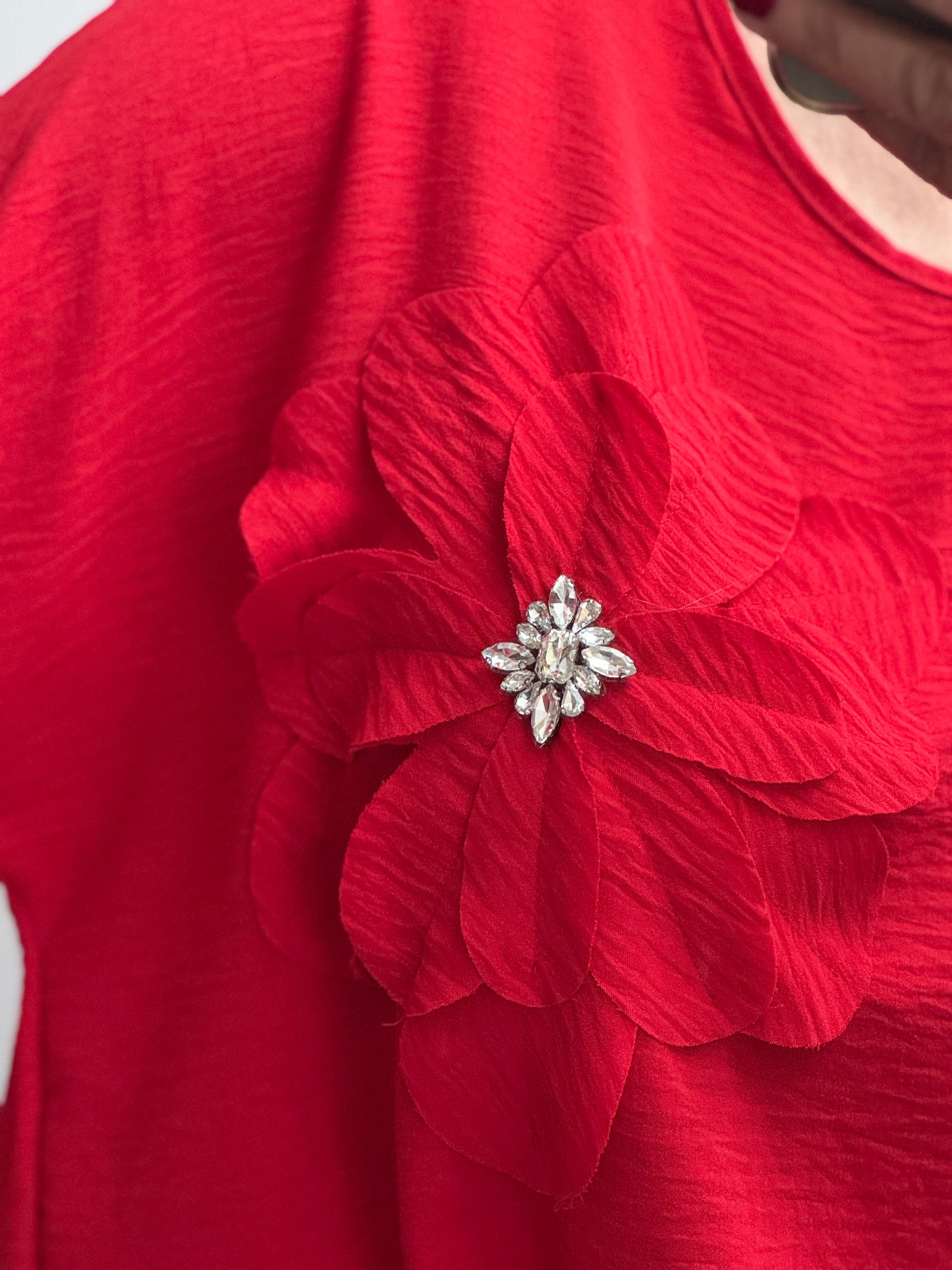 Blouse fleurs bijoux rouge vif TU 44/50