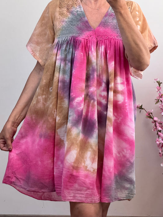 Robe voile de coton tie and dye rose et beige