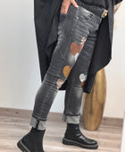 Jeans noir délavé multi patchs cœurs