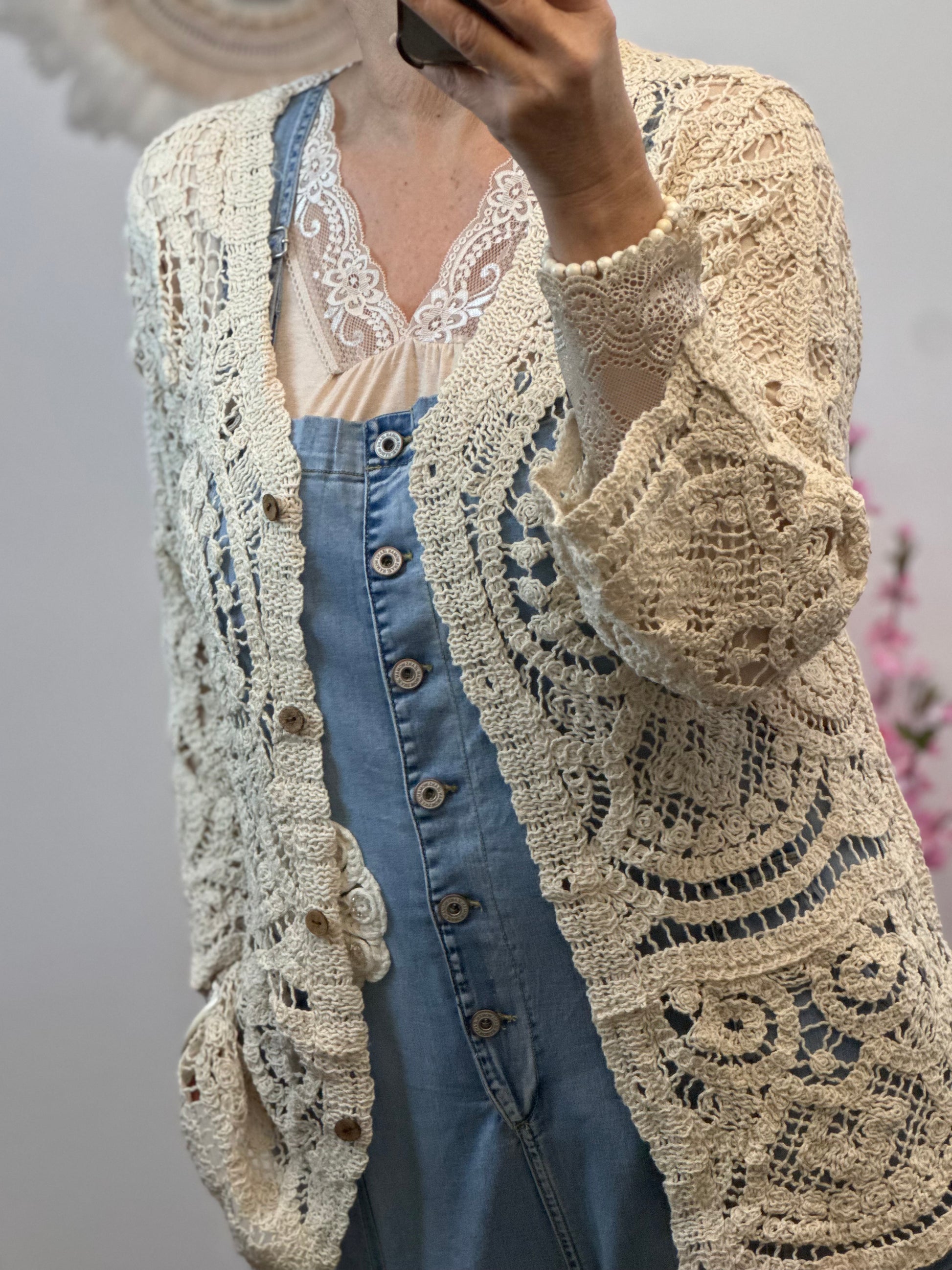 Gilet long crochet beige TU 38/44