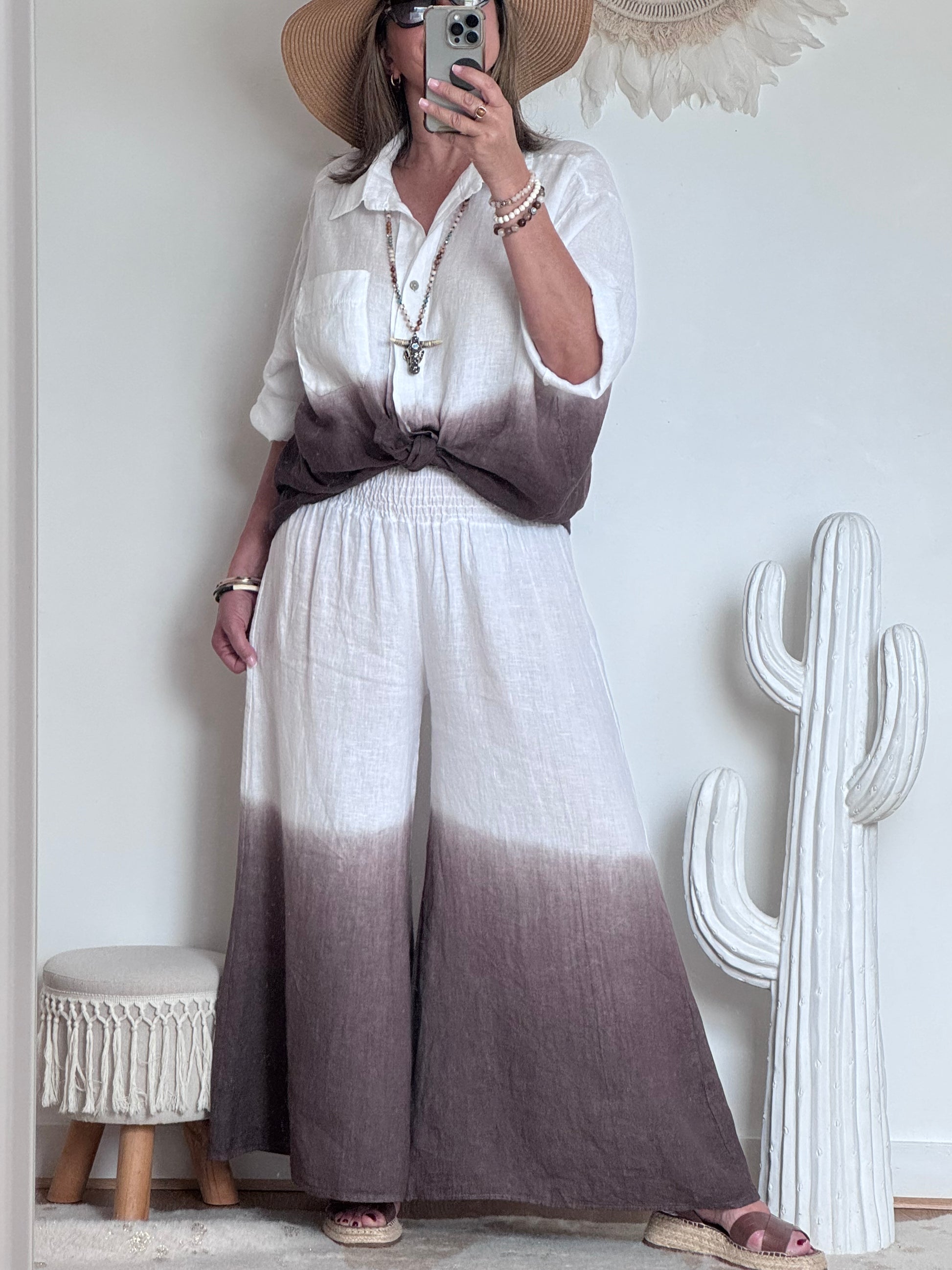 Pantalon palazzo Lin blanc et marron