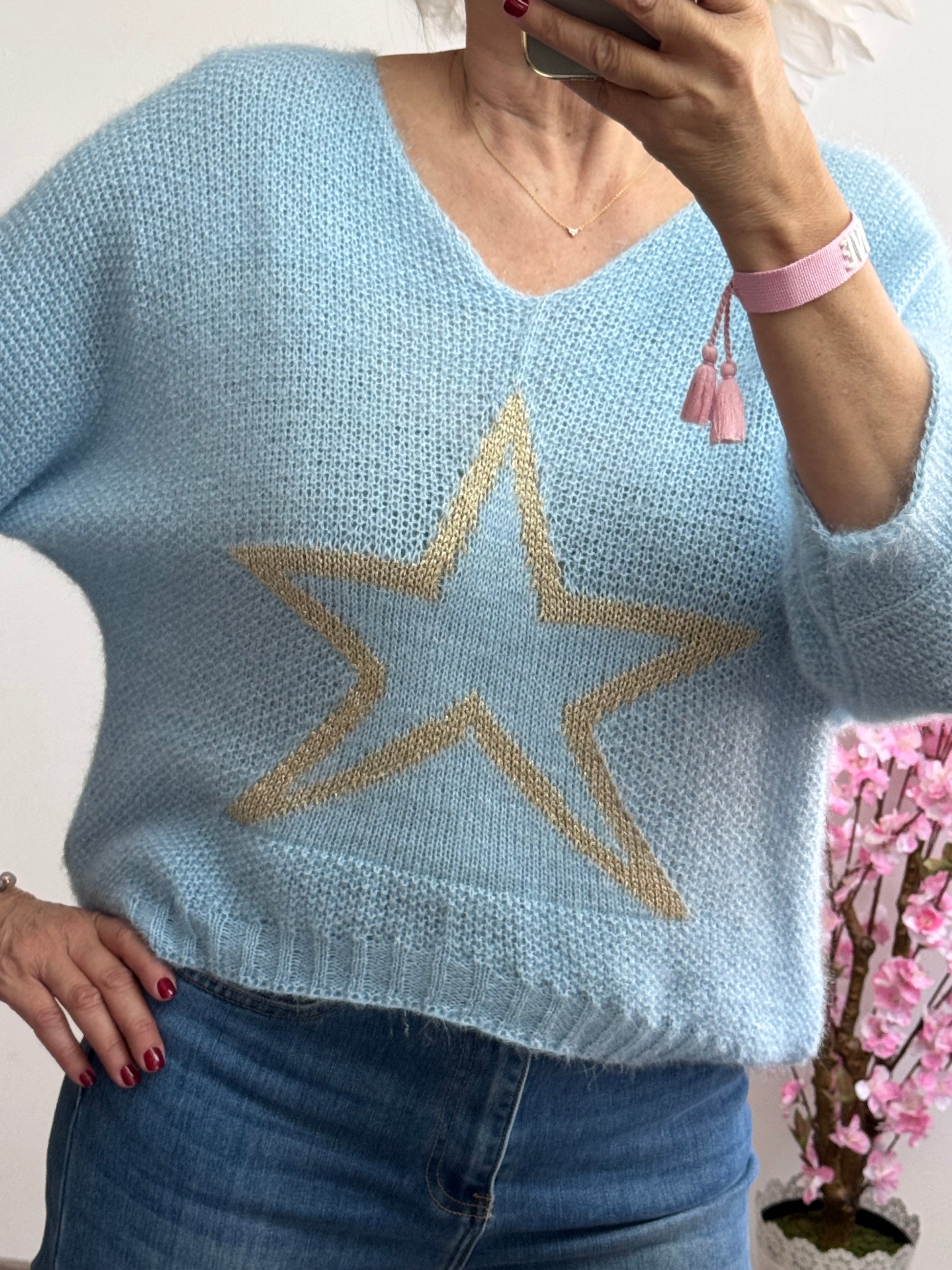 Pull maille bleu étoile