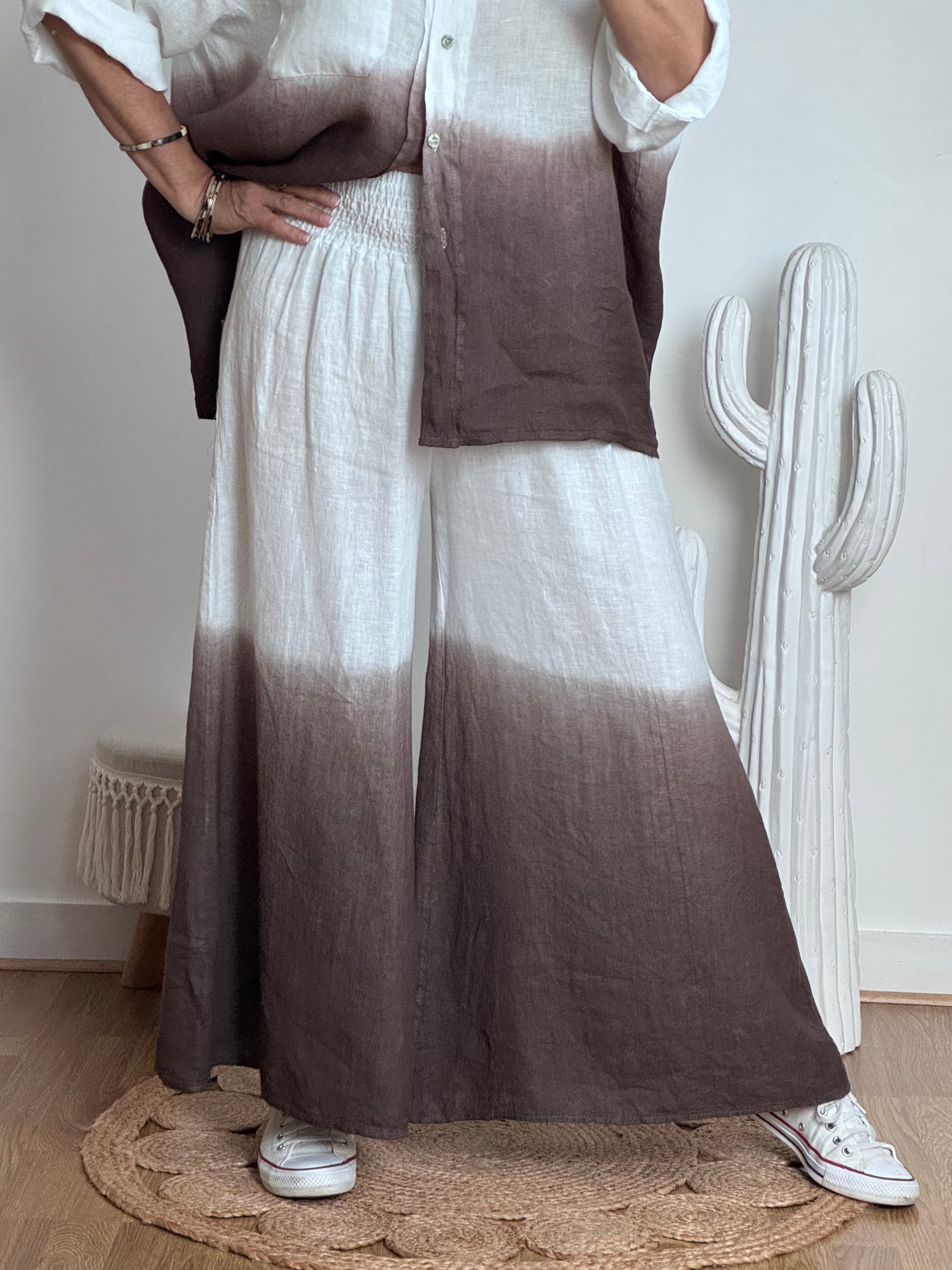 Pantalon palazzo Lin blanc et marron