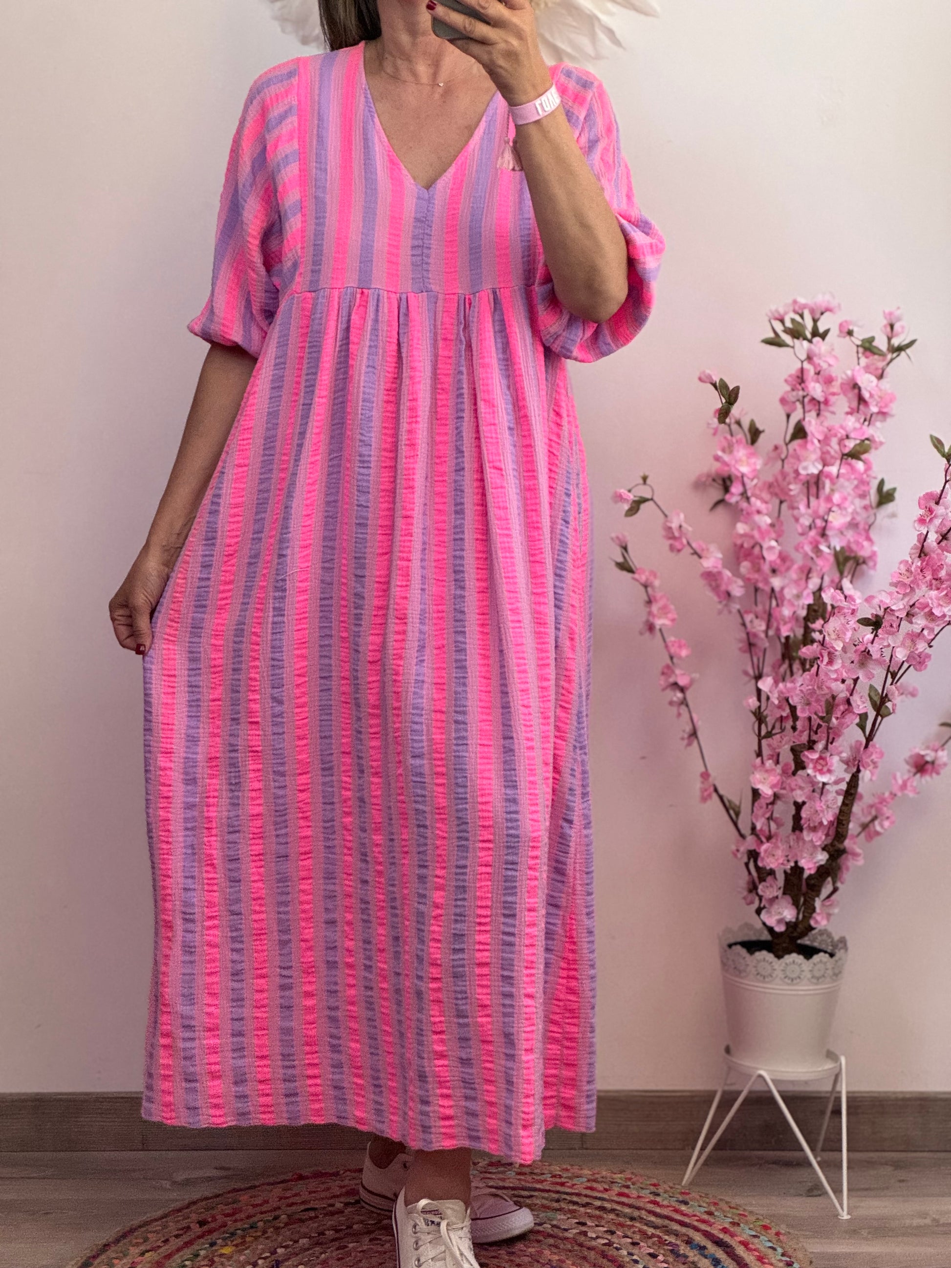 Robe bohème gaz de coton rayures Lila et rose TU 36/48