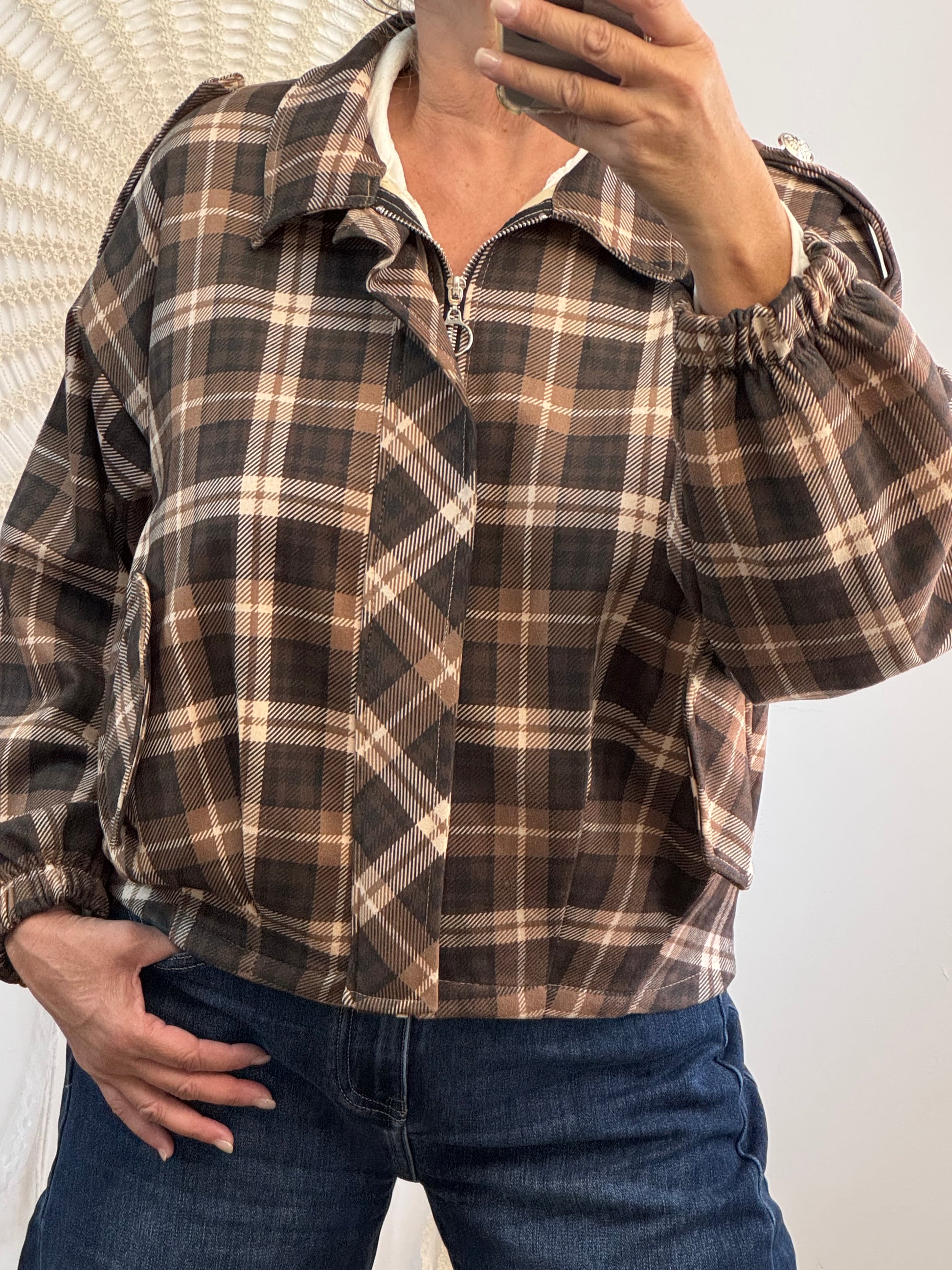 Blouson loose carreaux marron