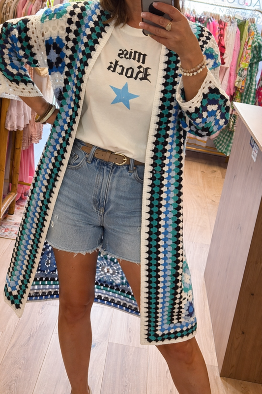 Veste longue crochet bleue