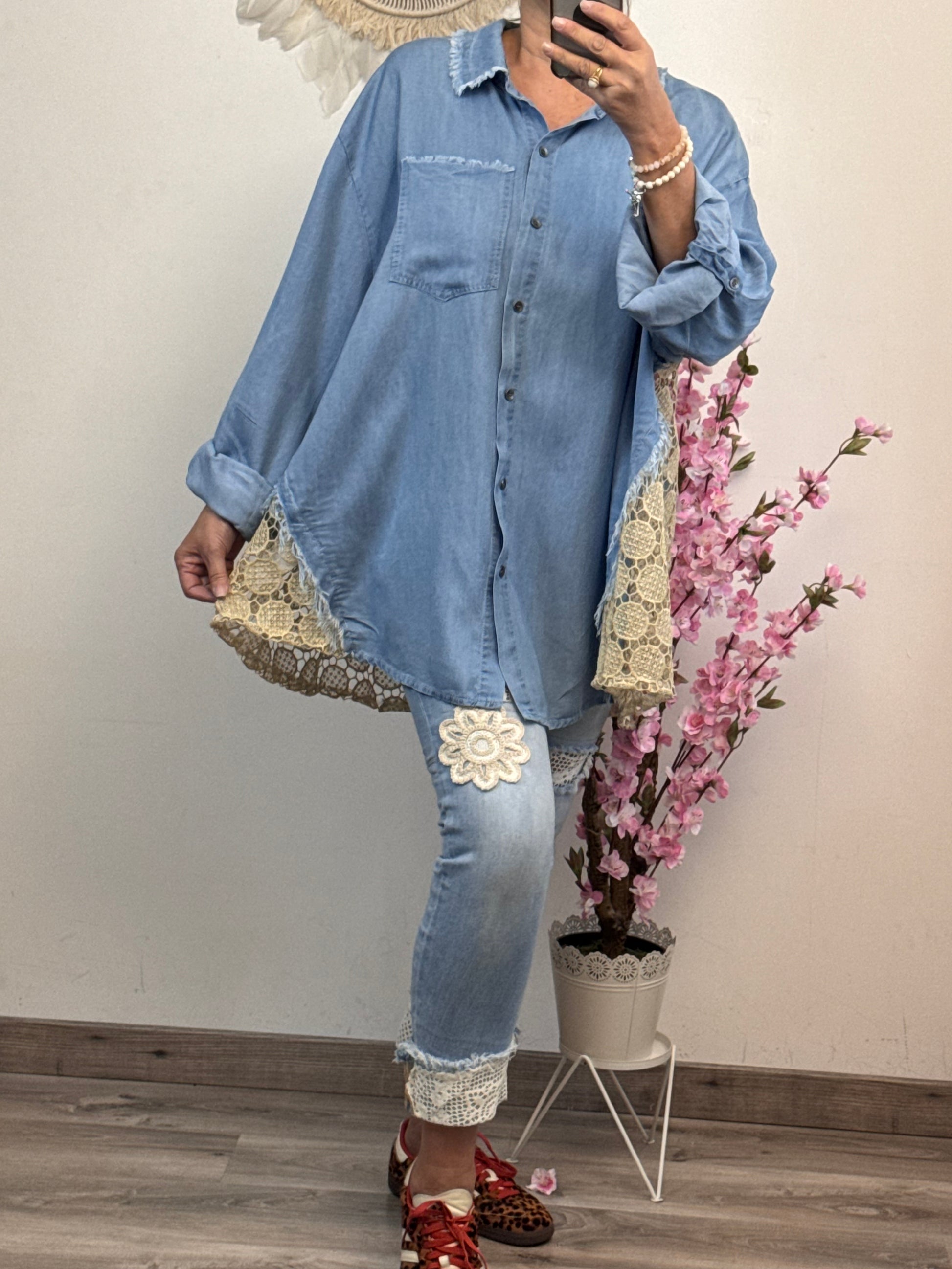 Chemise lyocell bleue dos lurex doré ajouré TU 42/50