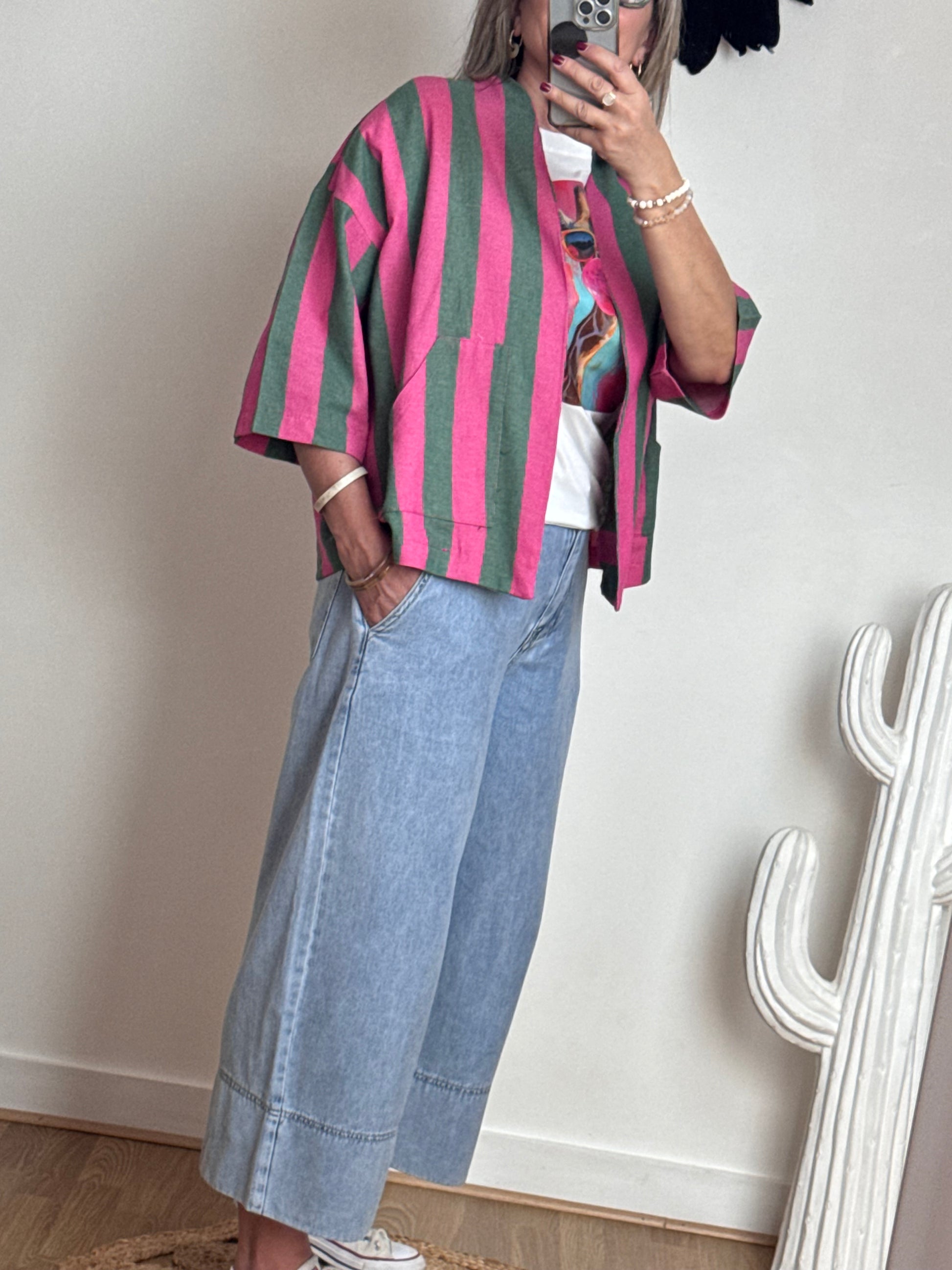 Veste kimono kaki et rose