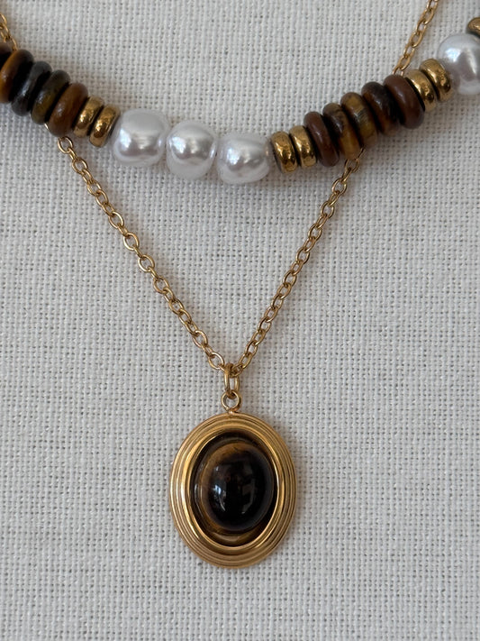 Collier double rang doré perles nacrées et pierre œil de tigre acier