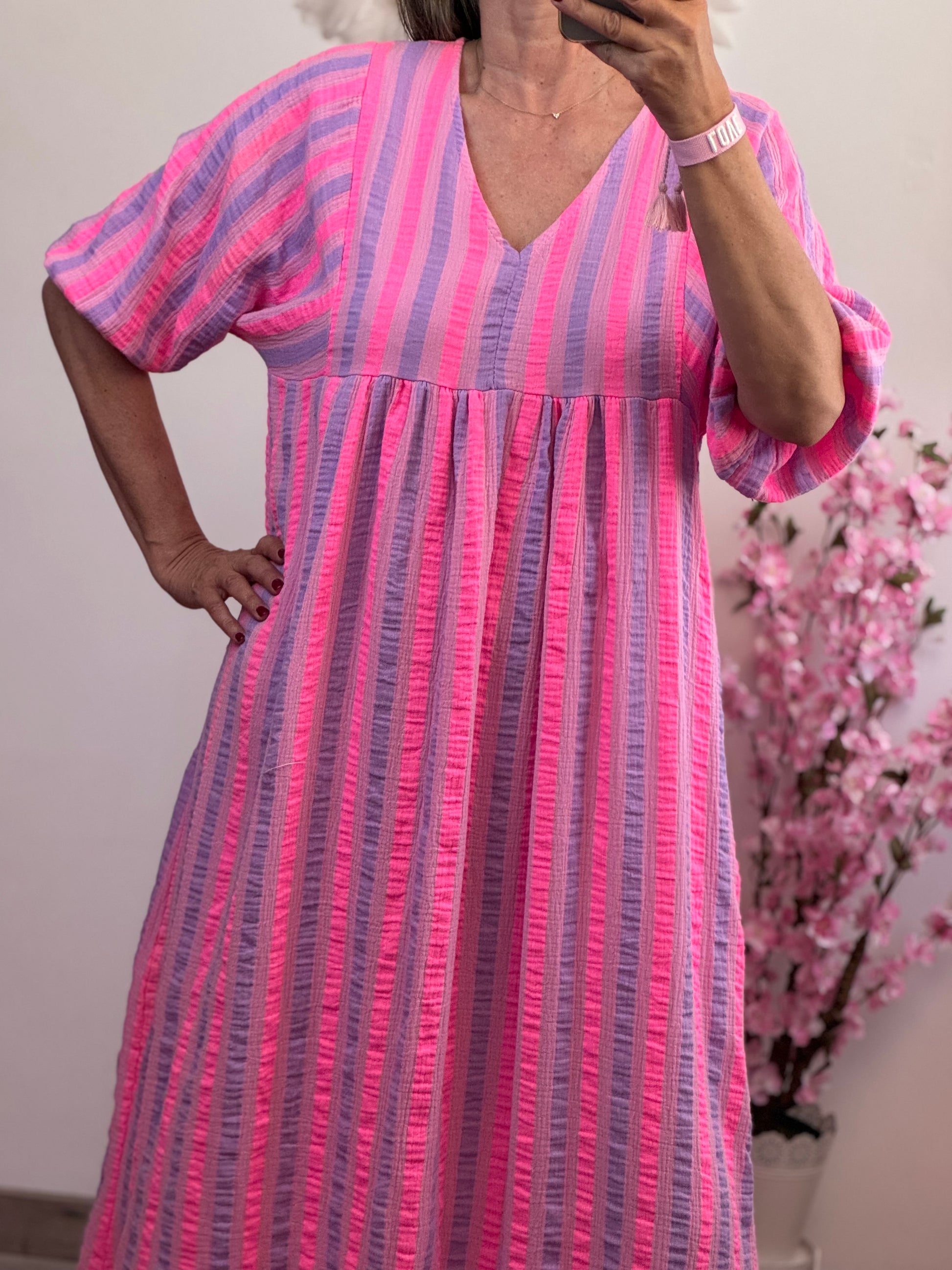 Robe bohème gaz de coton rayures Lila et rose TU 36/48