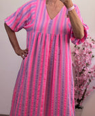 Robe bohème gaz de coton rayures Lila et rose TU 36/48