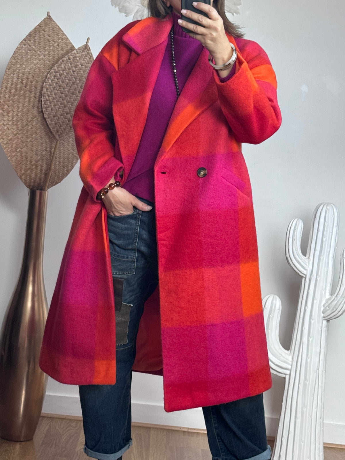 Manteau carreaux fuchsia