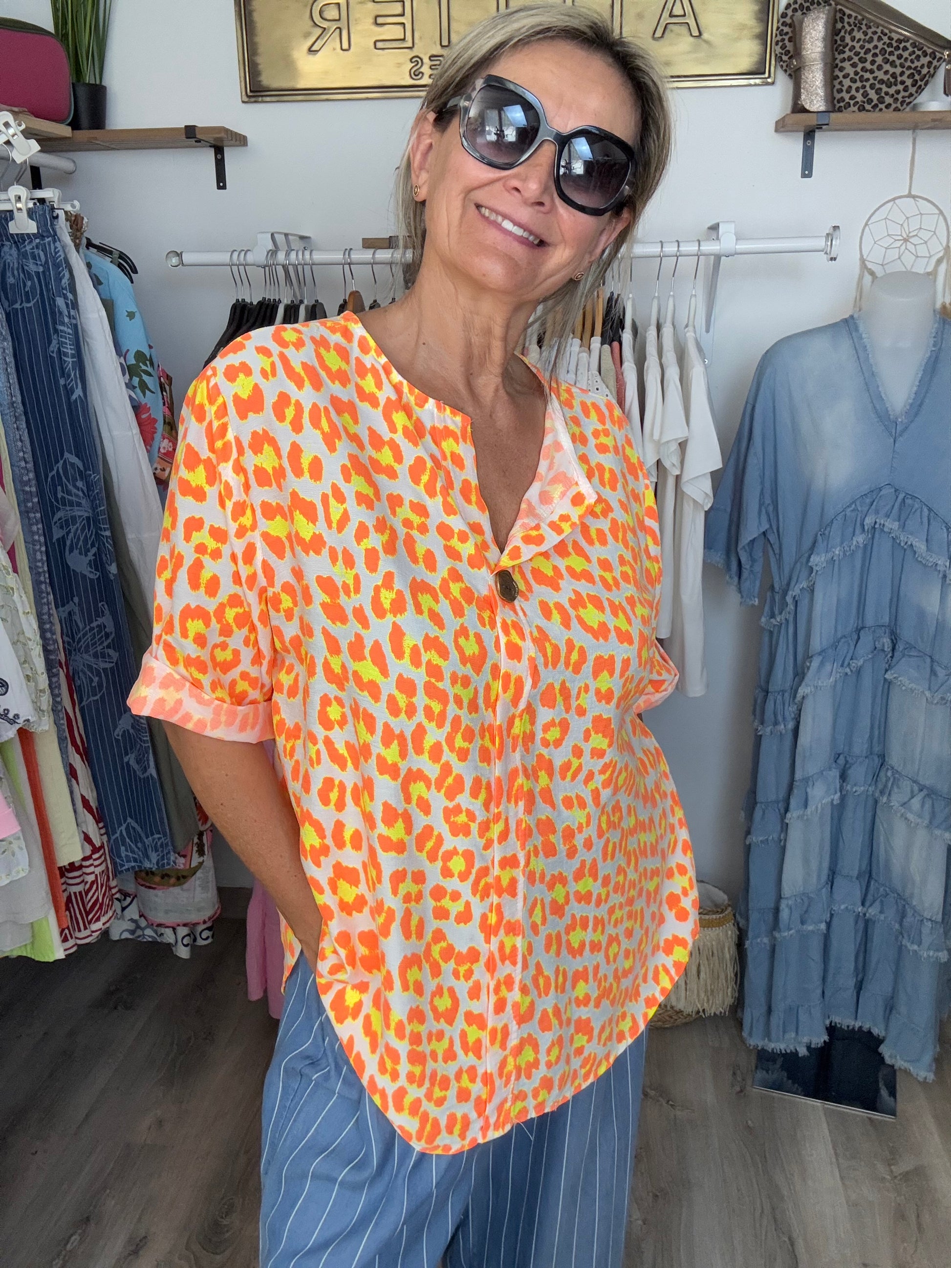 Blouse Léo orange et jaune jolie forme