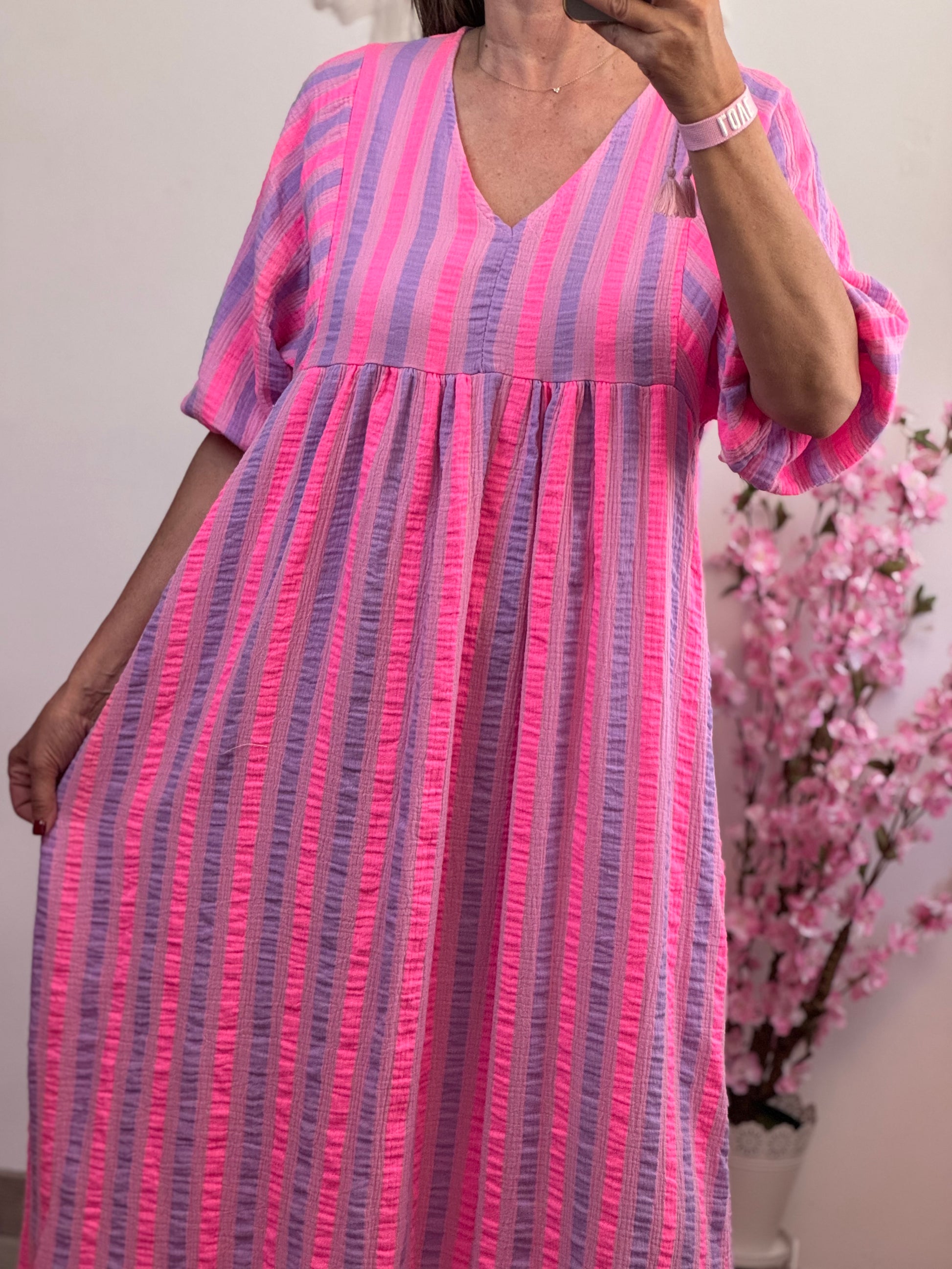 Robe bohème gaz de coton rayures Lila et rose TU 36/48
