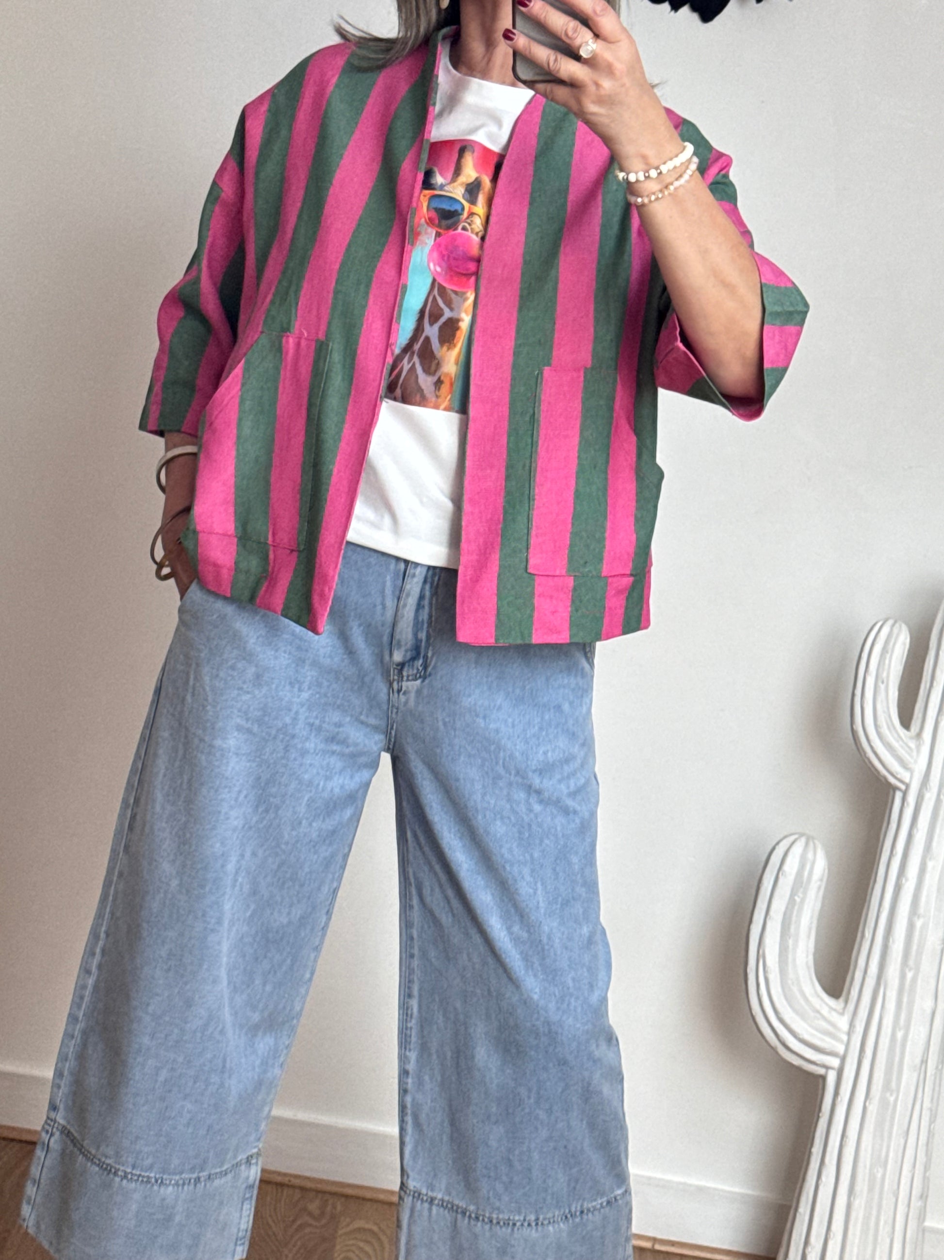 Veste kimono kaki et rose