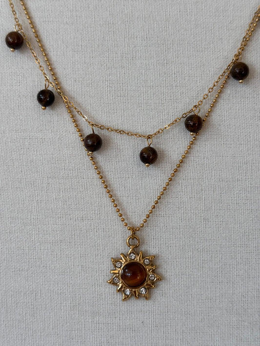 Collier solaire doré double rang œil de tigre protecteur
