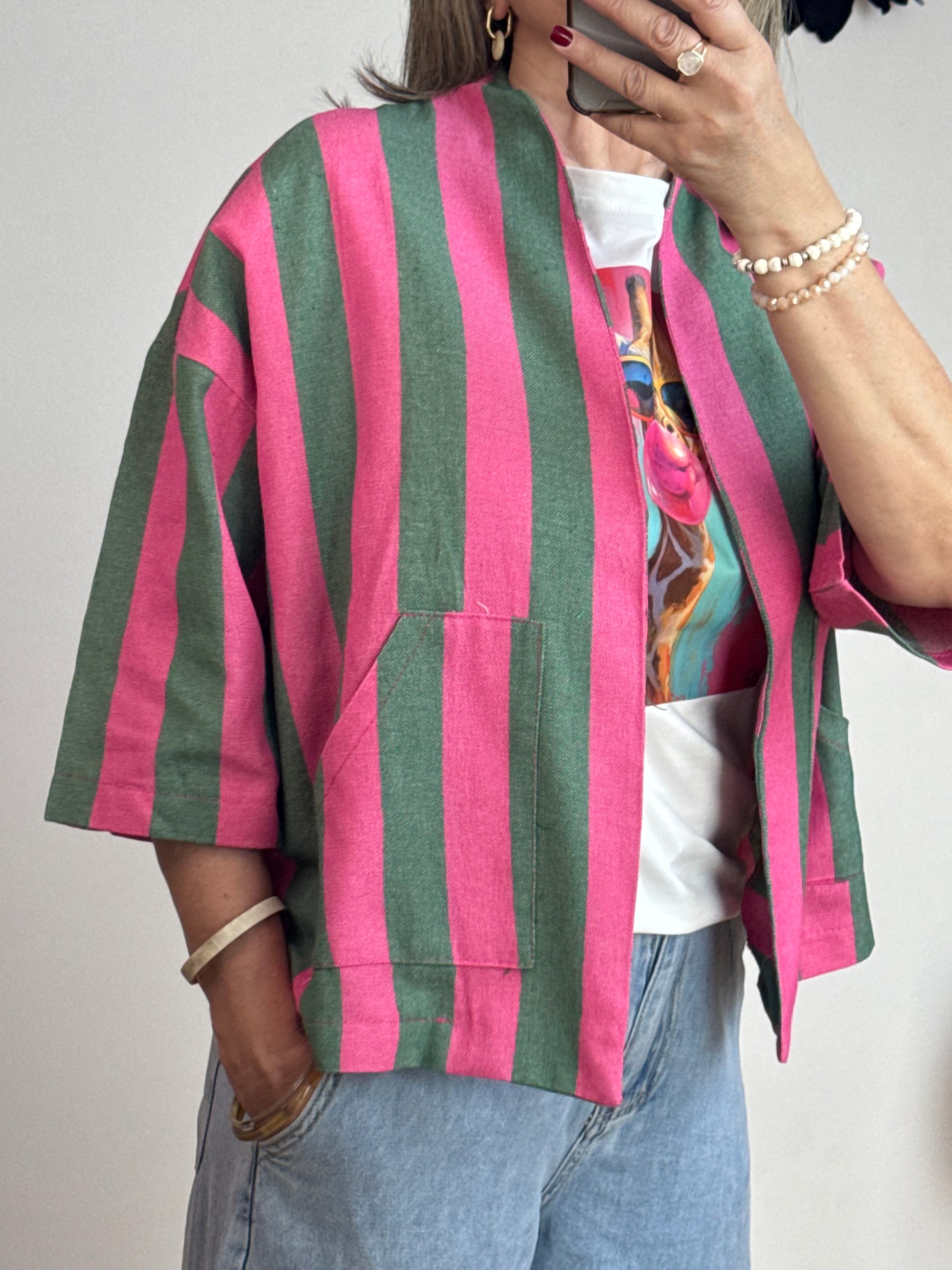 Veste kimono kaki et rose