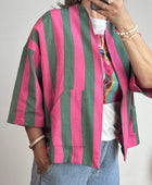 Veste kimono kaki et rose
