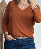 Pull col V violine, marron, terracotta et rouge