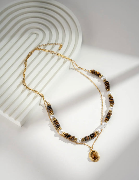 Collier double rang doré perles nacrées et pierre œil de tigre acier