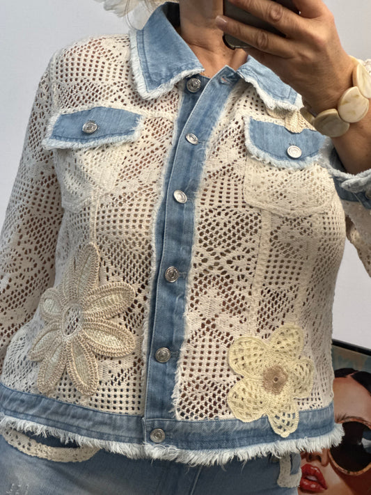 Veste jeans et crochet  crème