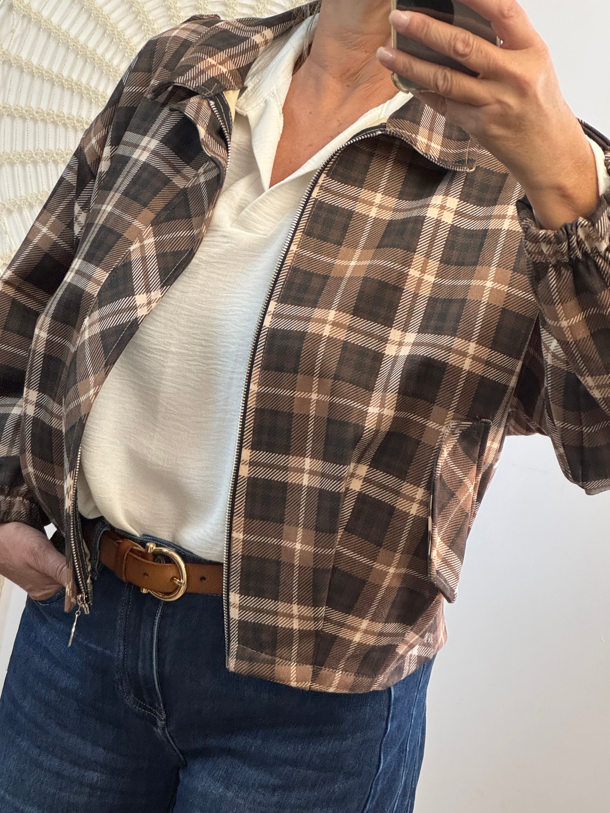 Blouson loose carreaux marron