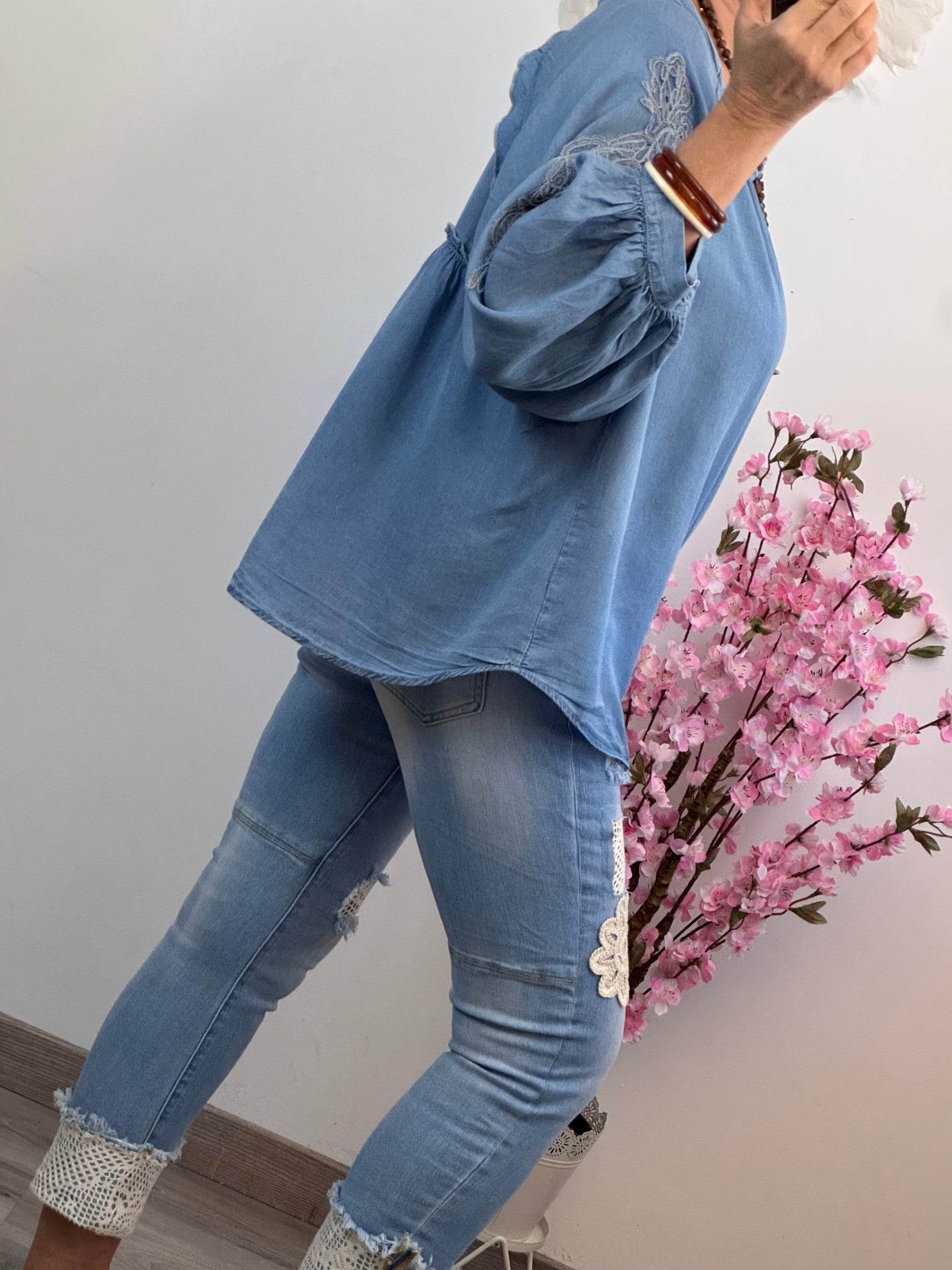 Blouse bohème bleu tencel  TU 44/50
