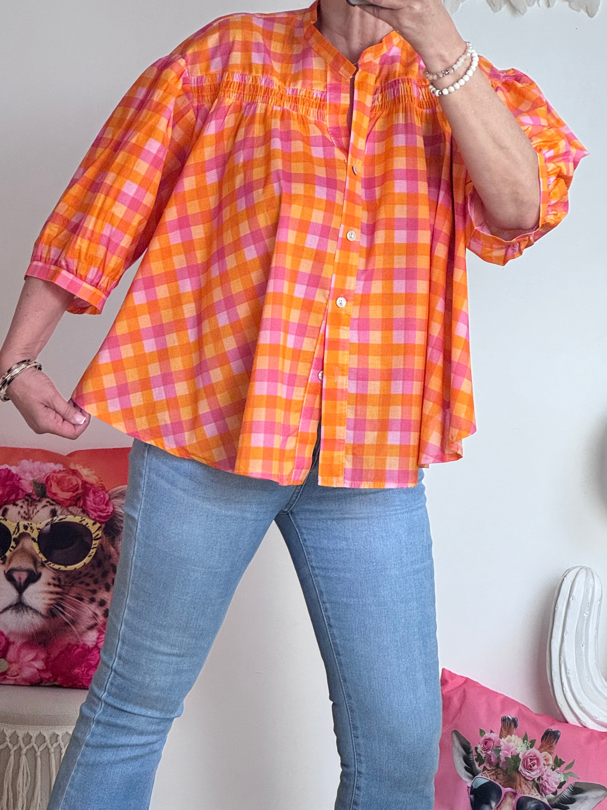 Chemise vichy orange et rose