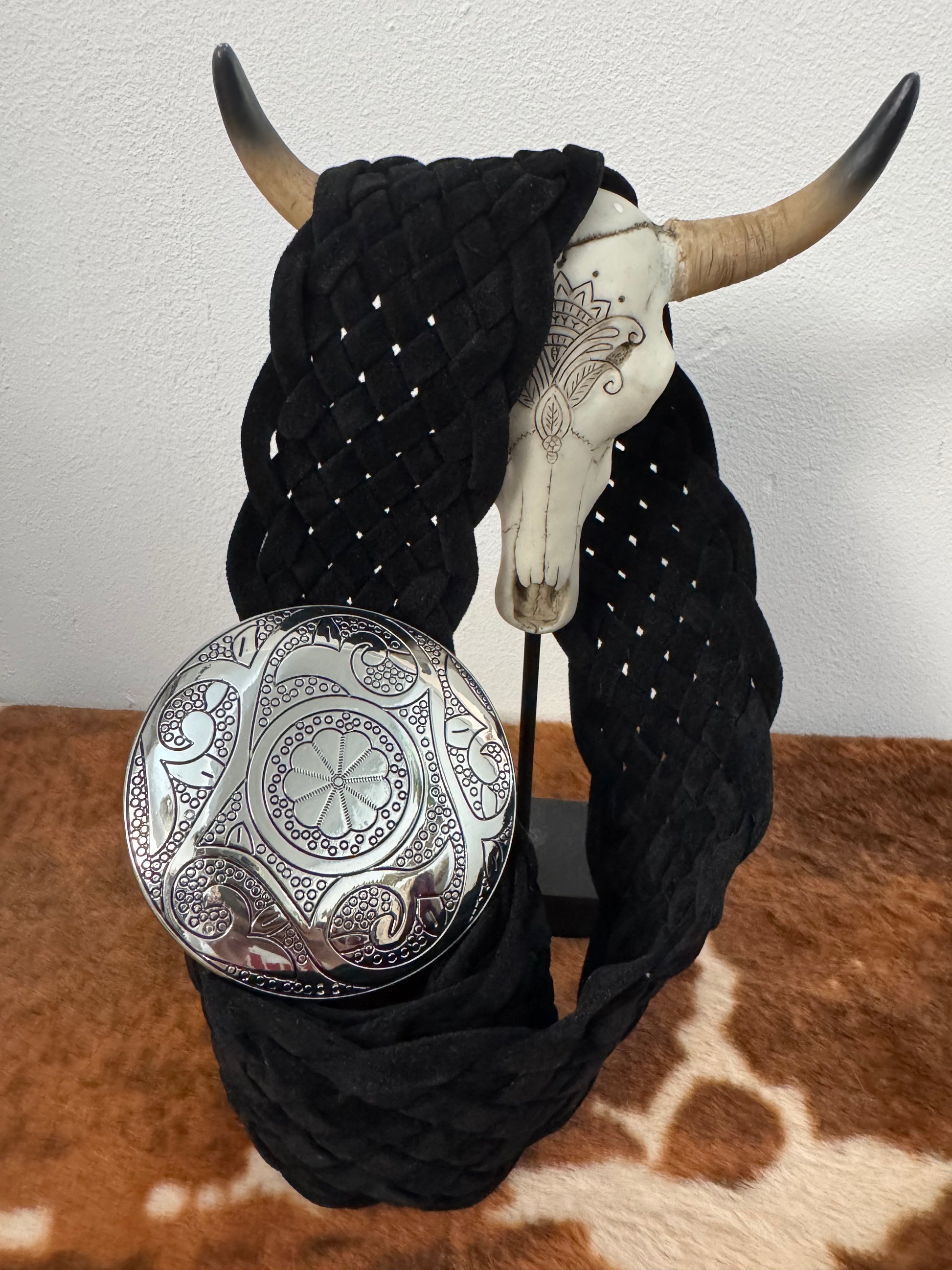 Ceinture bohème noire  boucle argentée