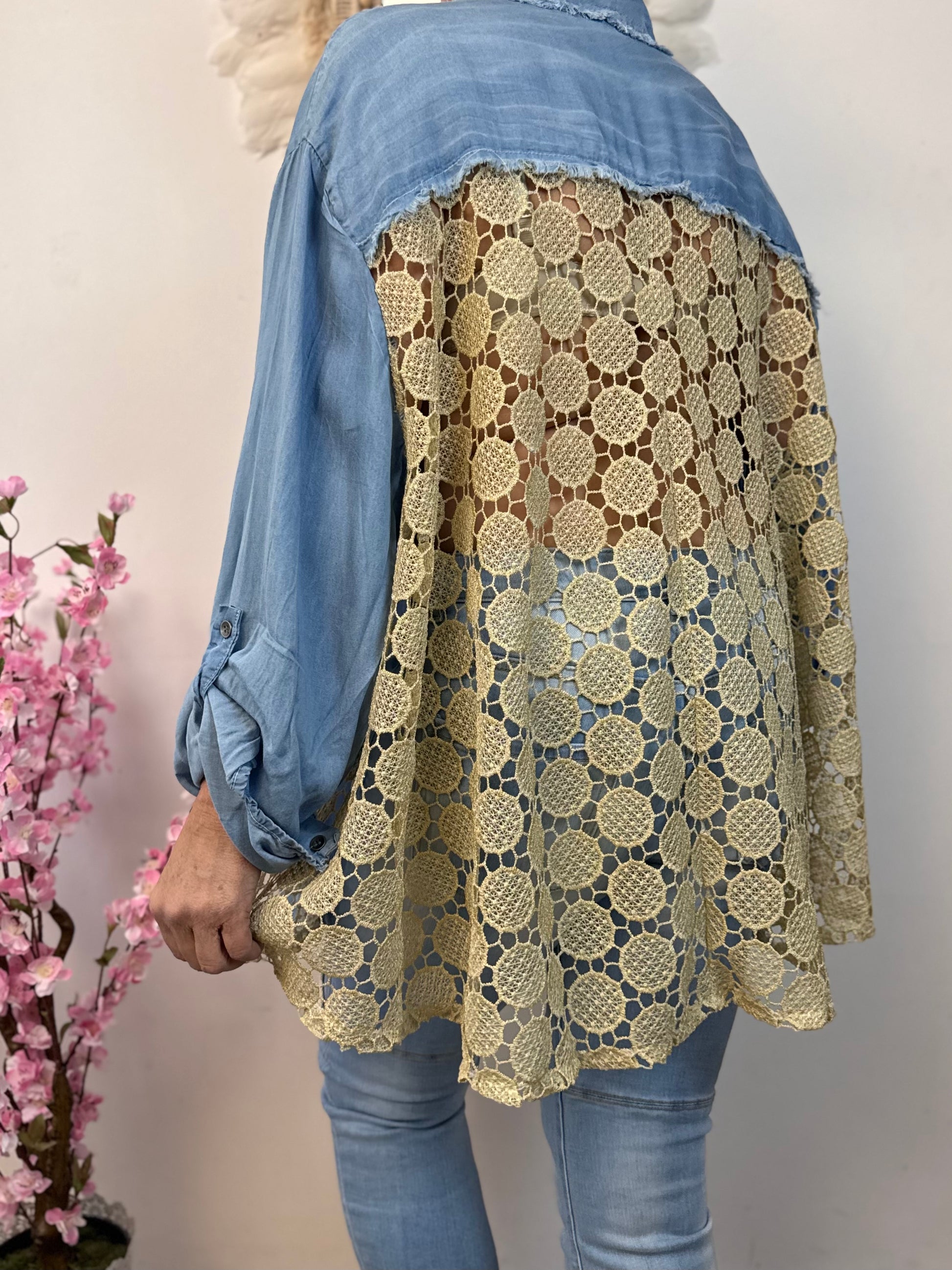 Chemise lyocell bleue dos lurex doré ajouré TU 42/50