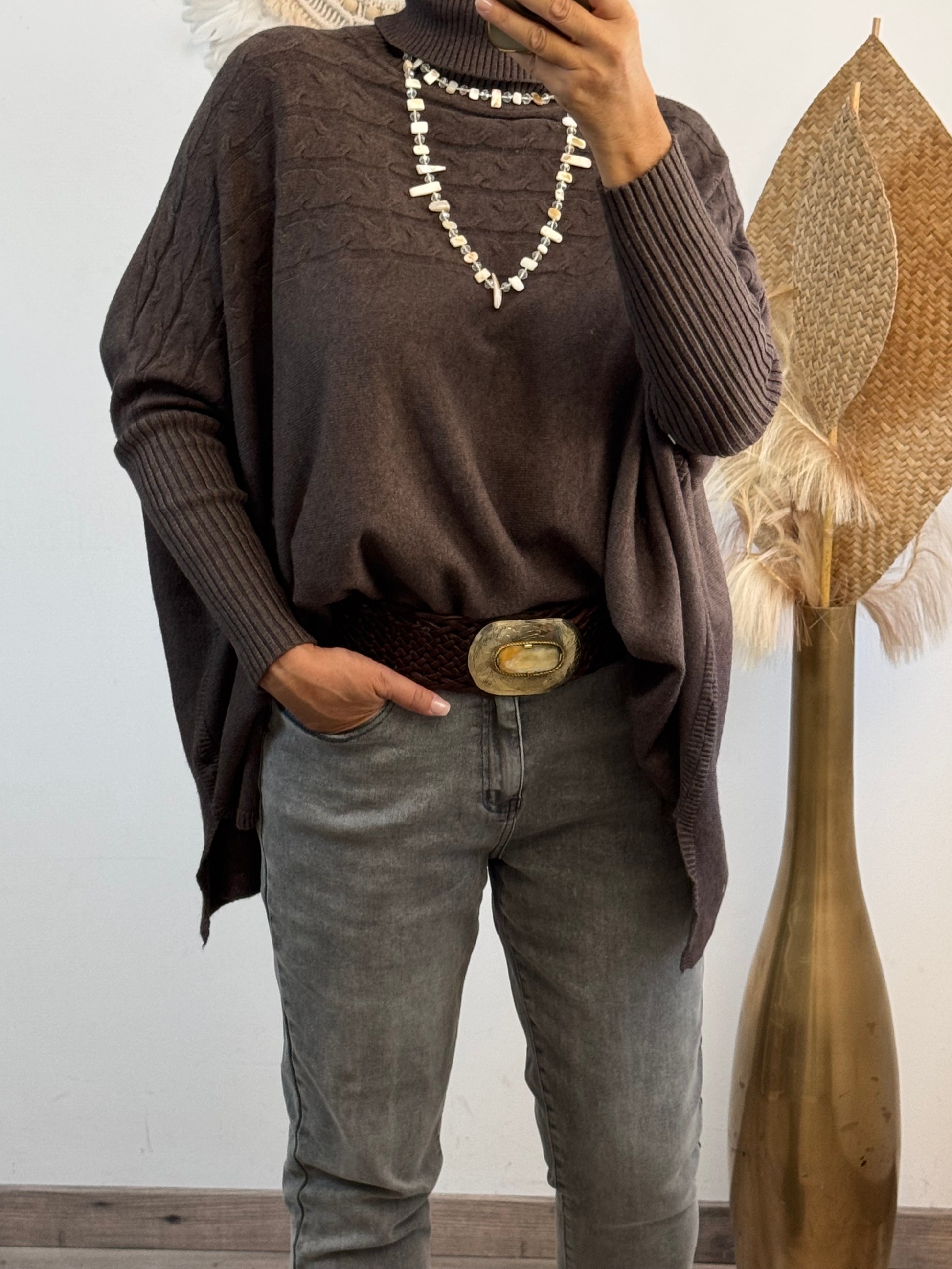 Pull col roulé marron TU 44/54