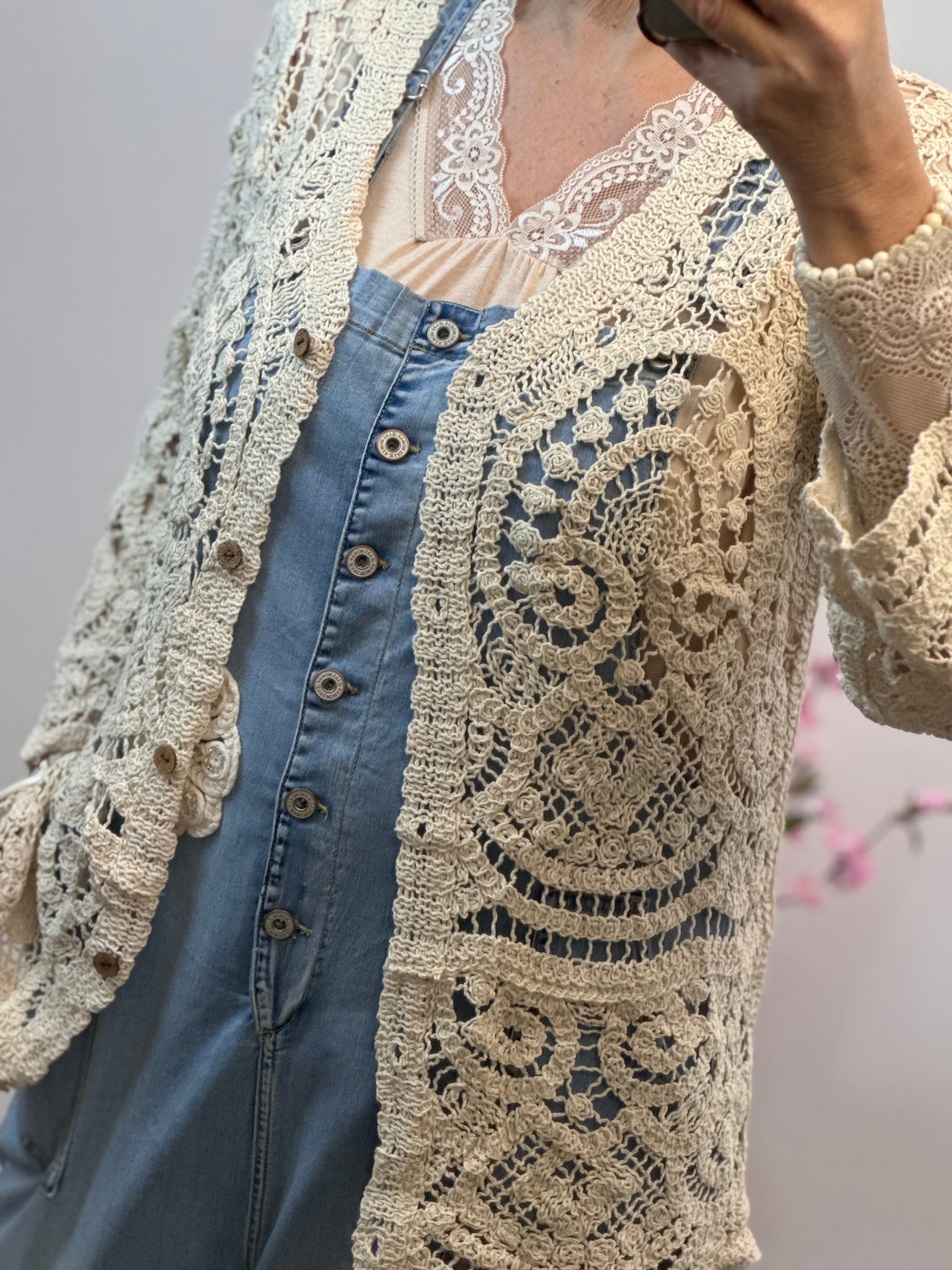 Gilet long crochet beige TU 38/44