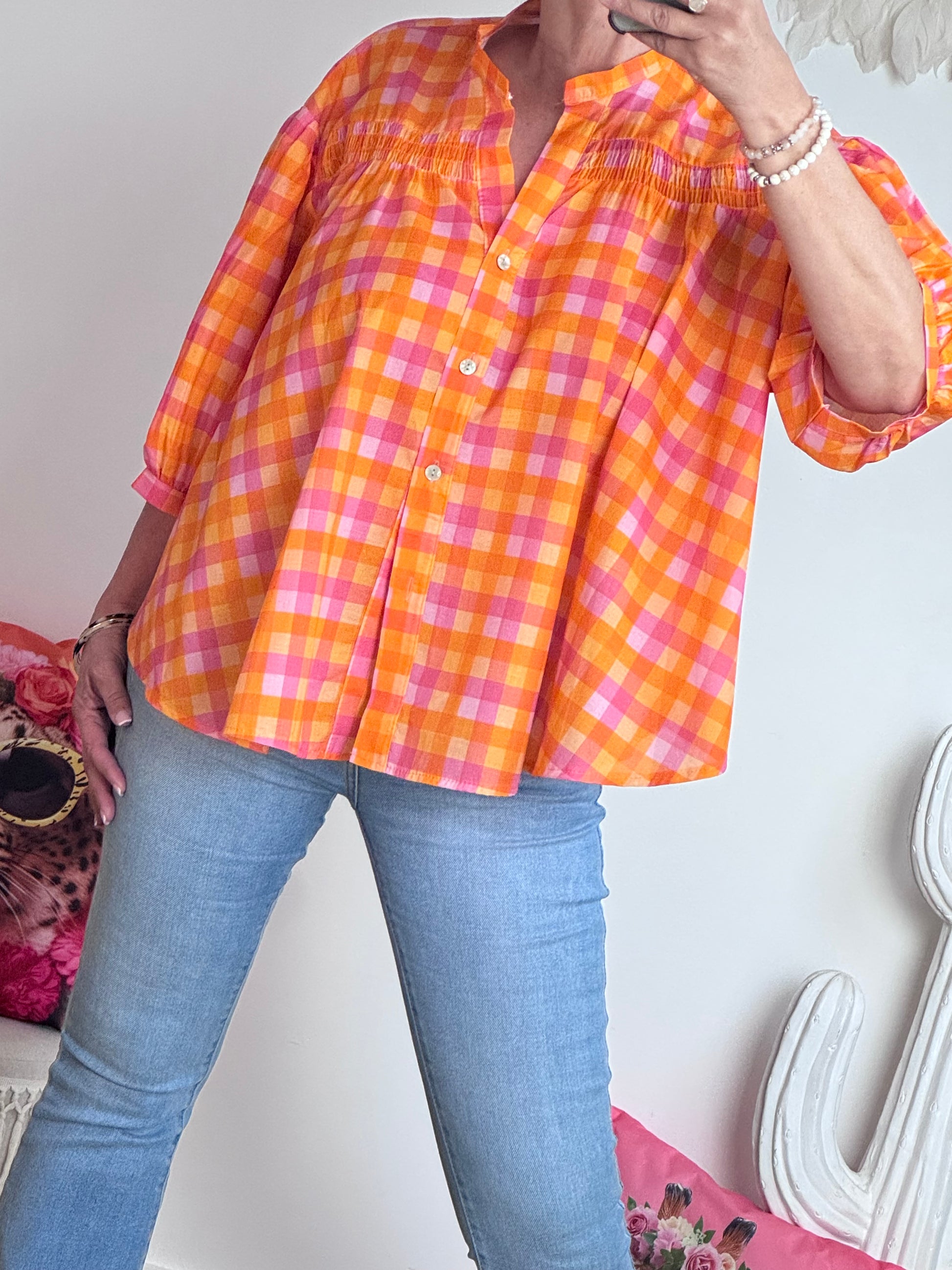 Chemise vichy orange et rose