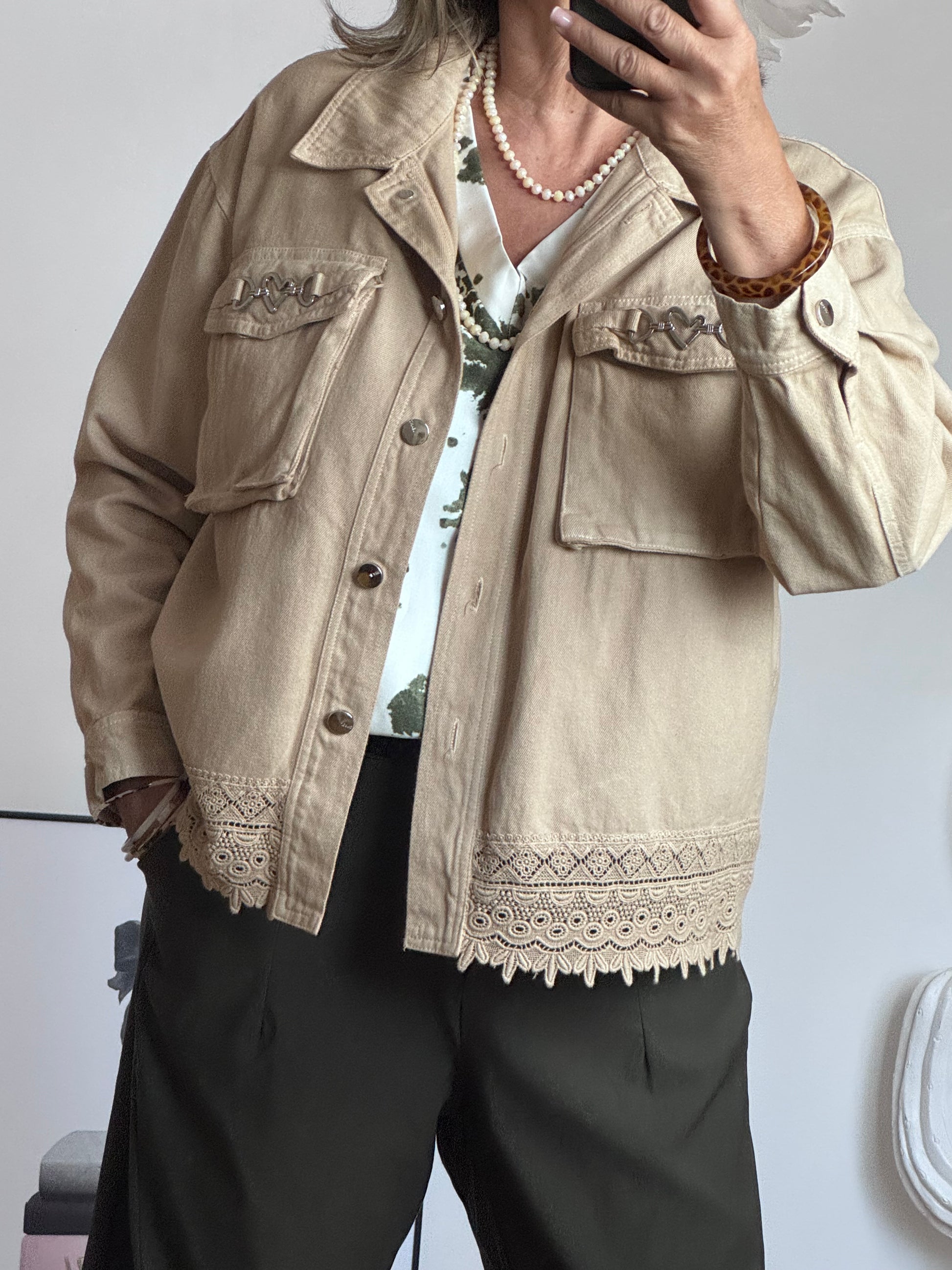 Veste jeans beige dentelle