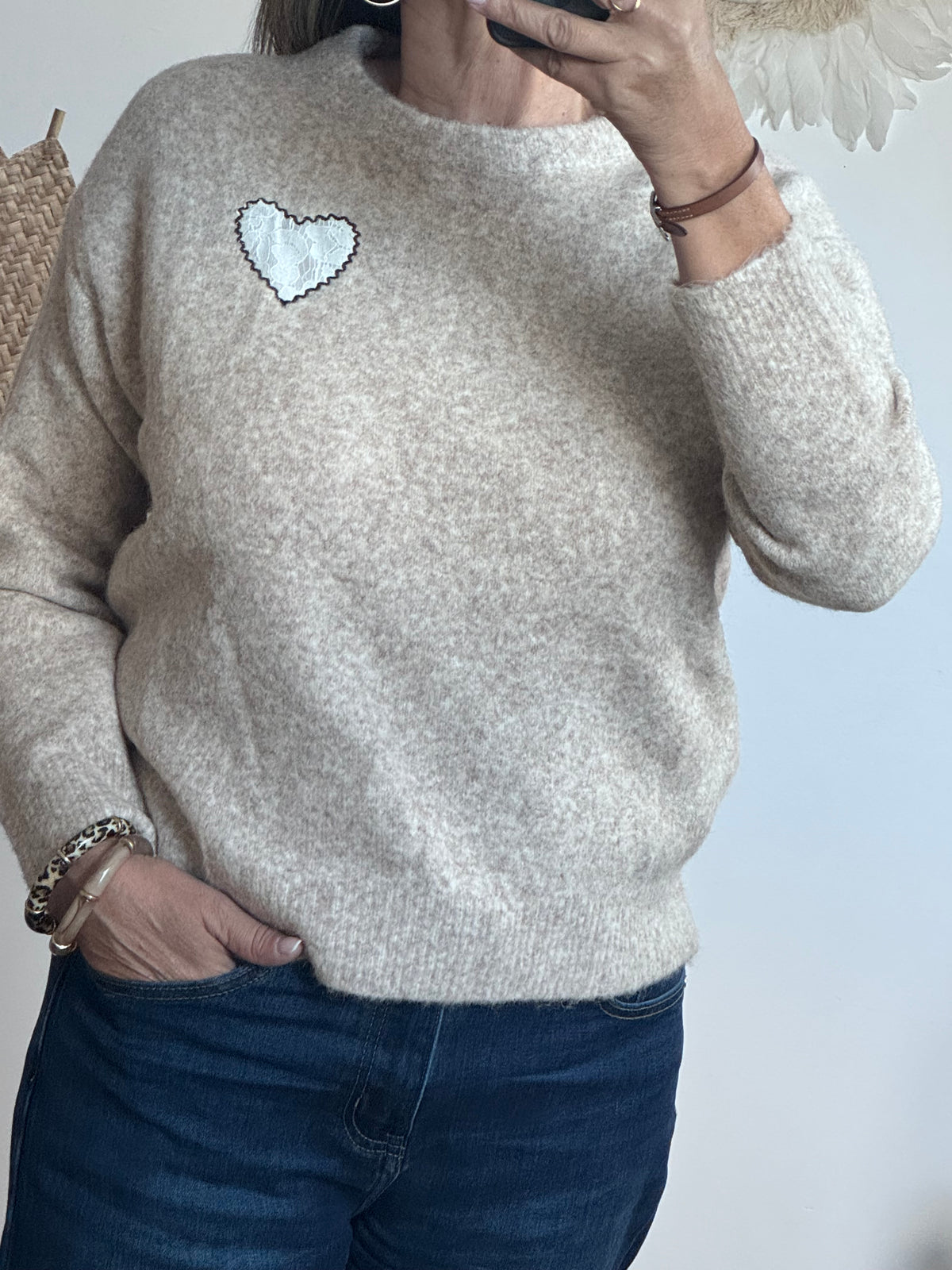 Pull coeur beige chiné