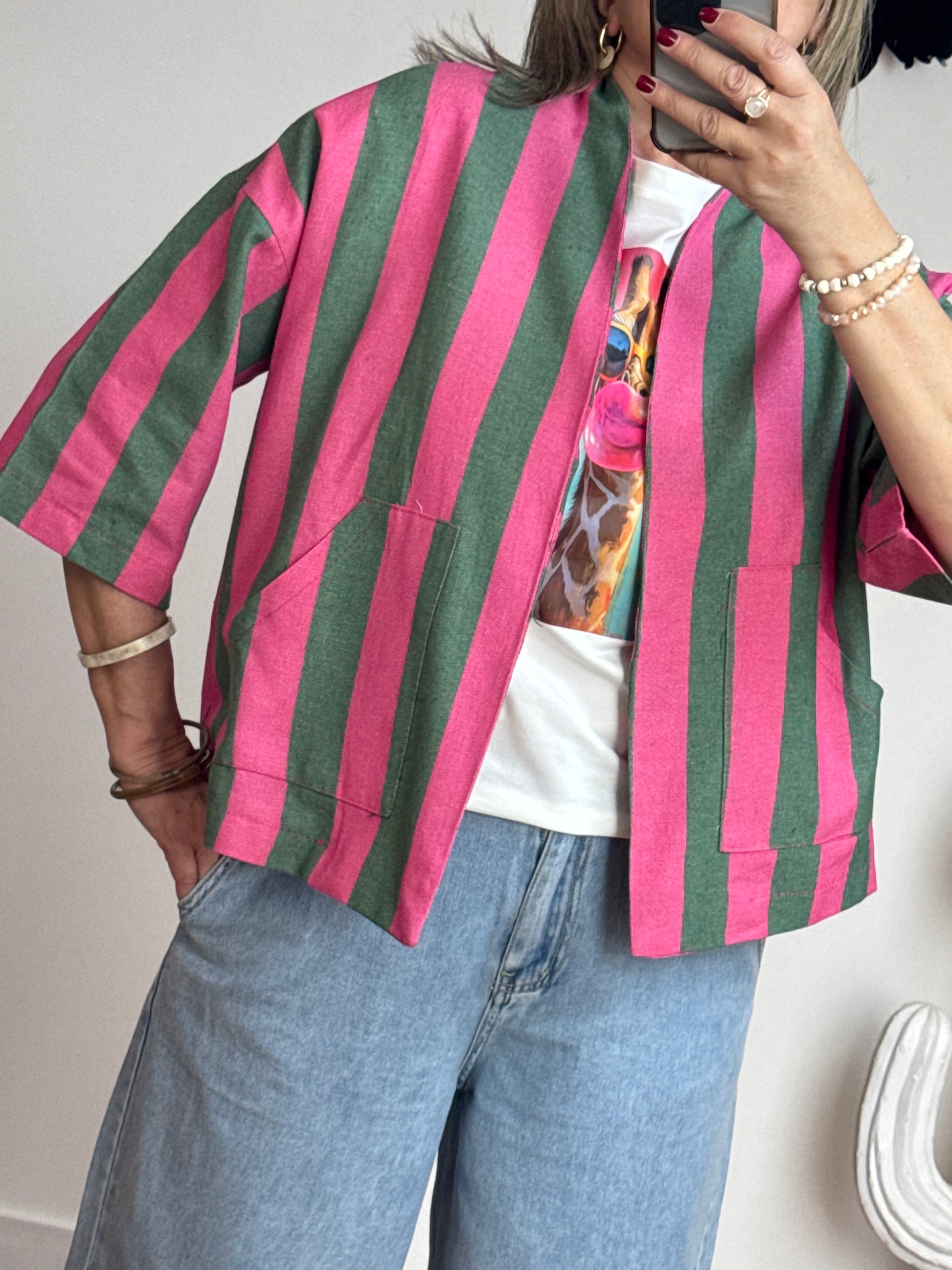 Veste kimono kaki et rose