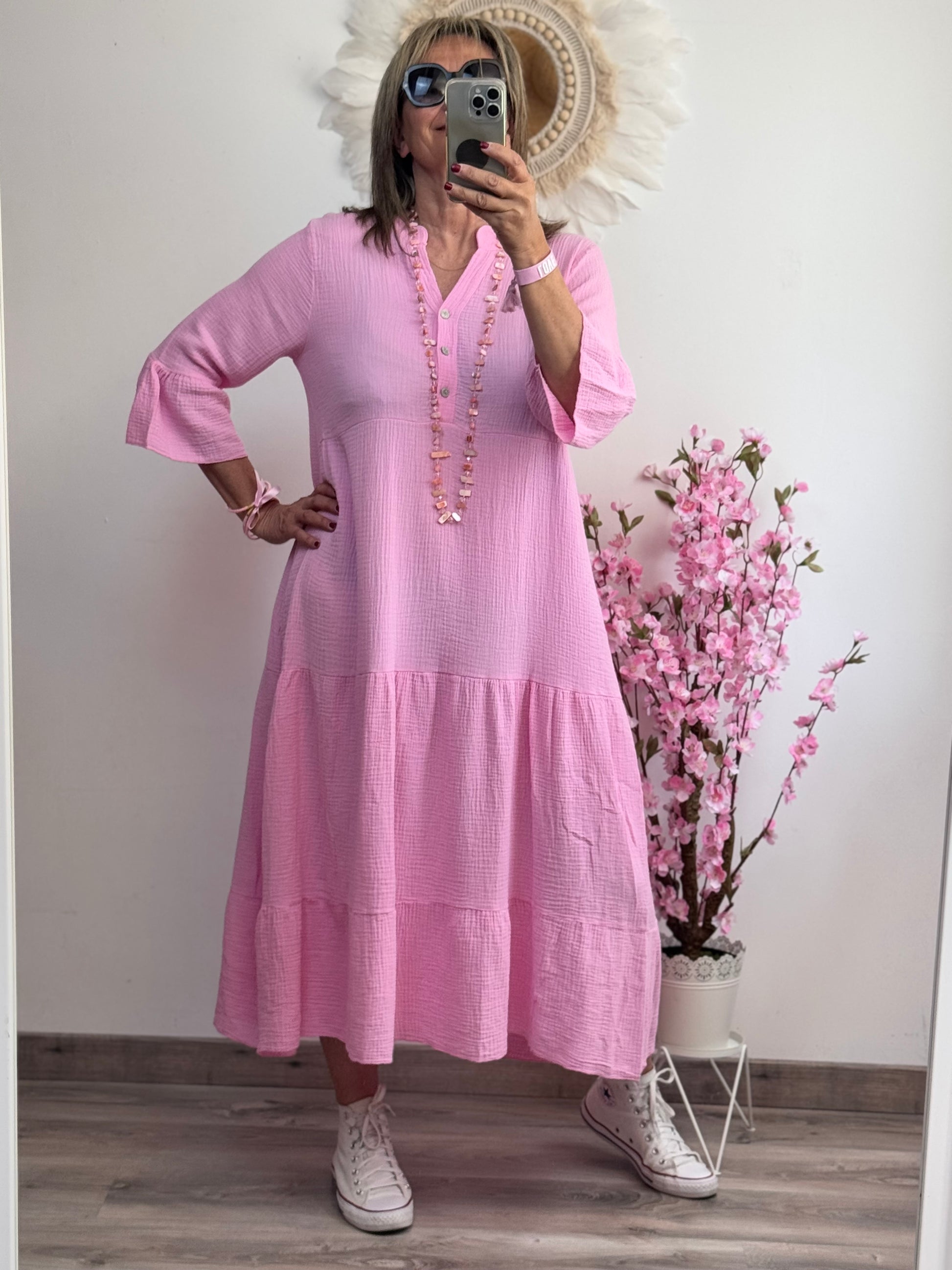 Robe longue gaz de coton rose bonbon