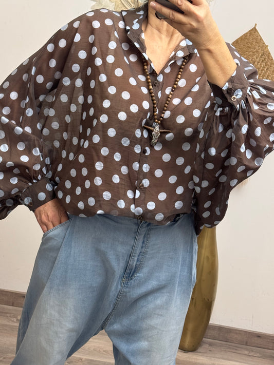 Blouse fluide marron pois bleus
